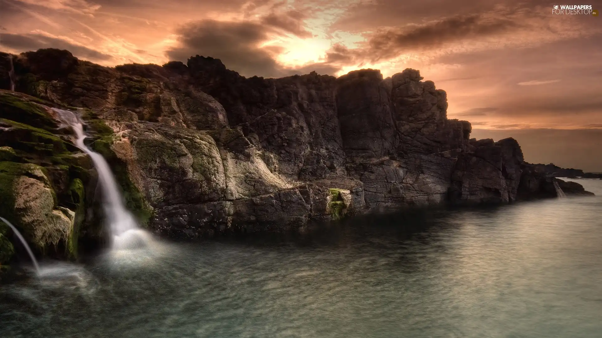 clouds, waterfall, Mountains, dark, water