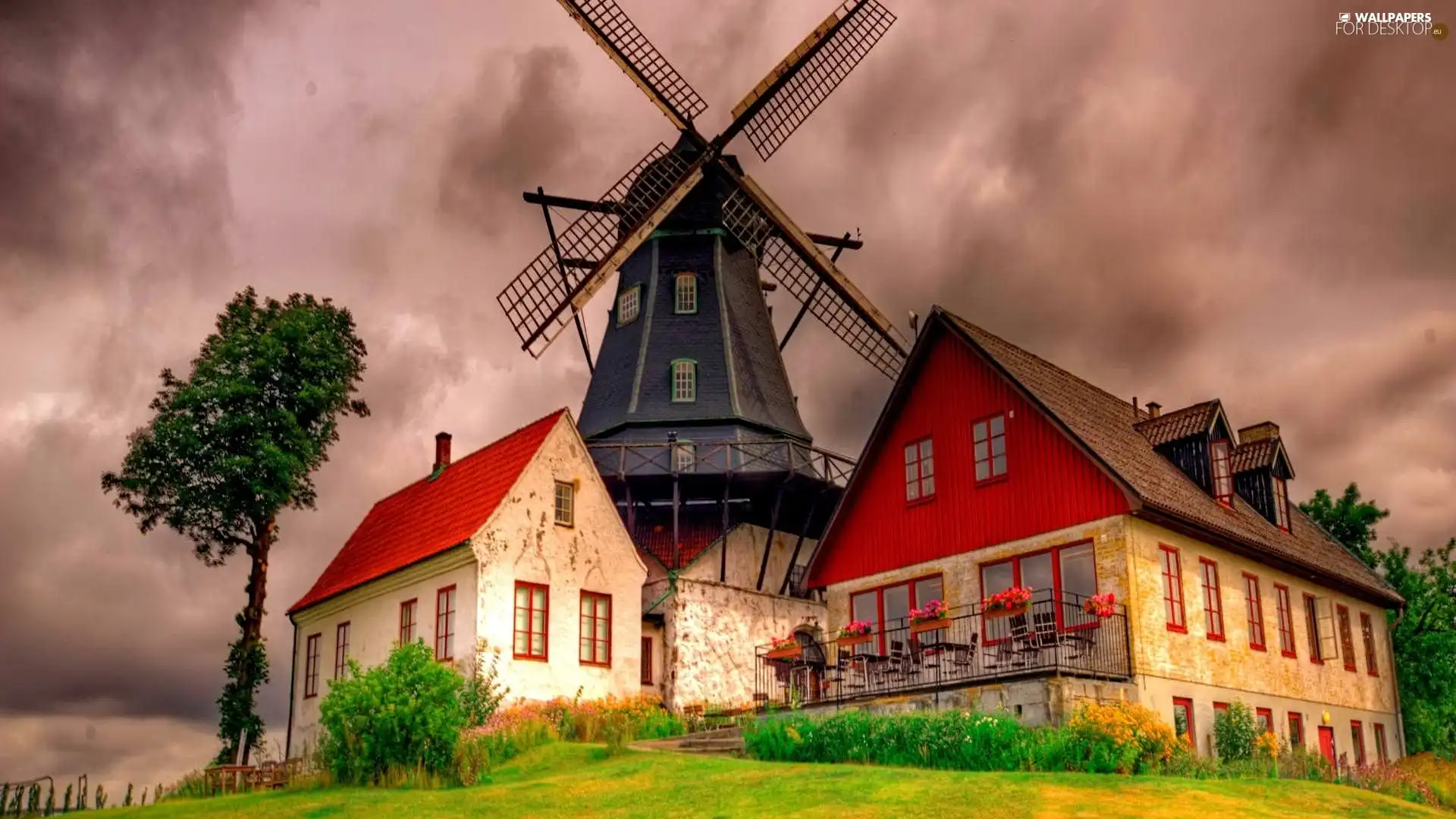 clouds, house, Windmill