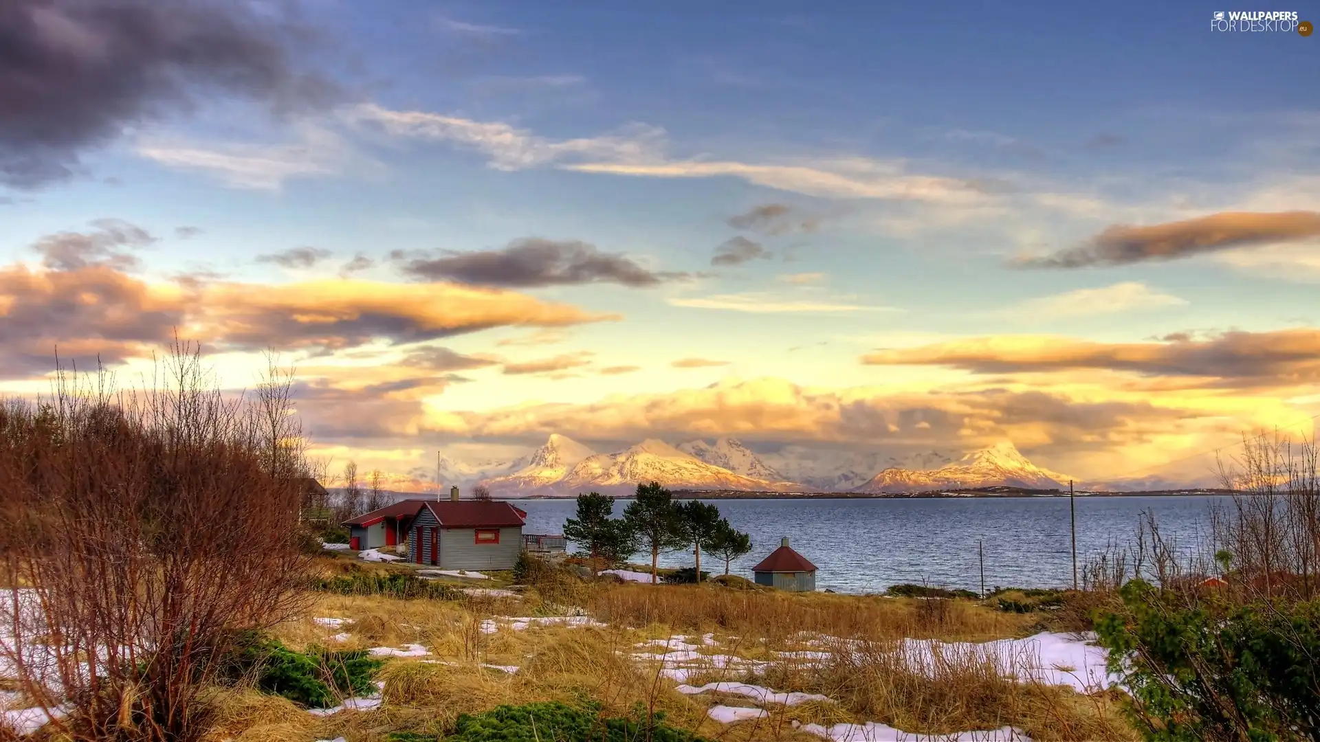 clouds, winter, Mountains, Houses, lake