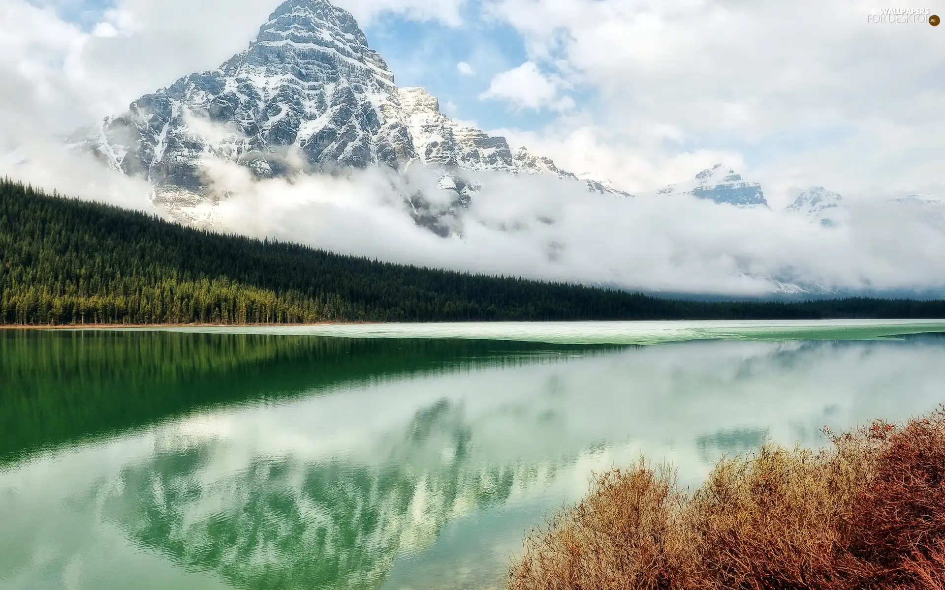 clouds, winter, Mountains, woods, River