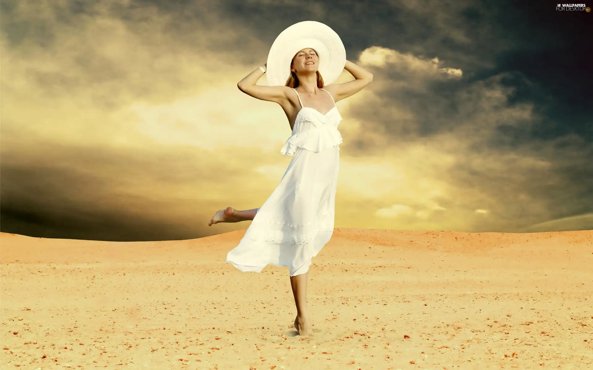 Women, Desert, clouds, Hat