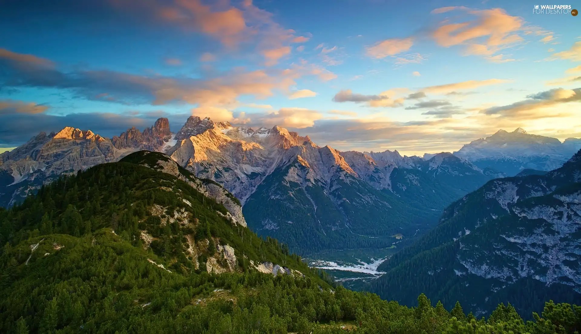 clouds, Mountains, woods