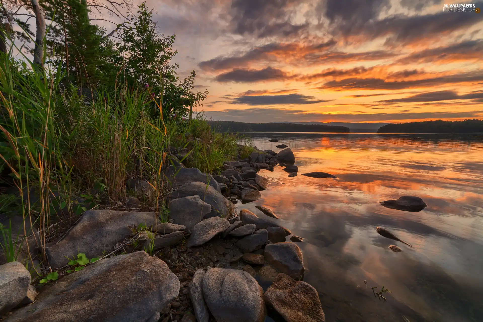 scrub, Great Sunsets, coast, Stones, lake