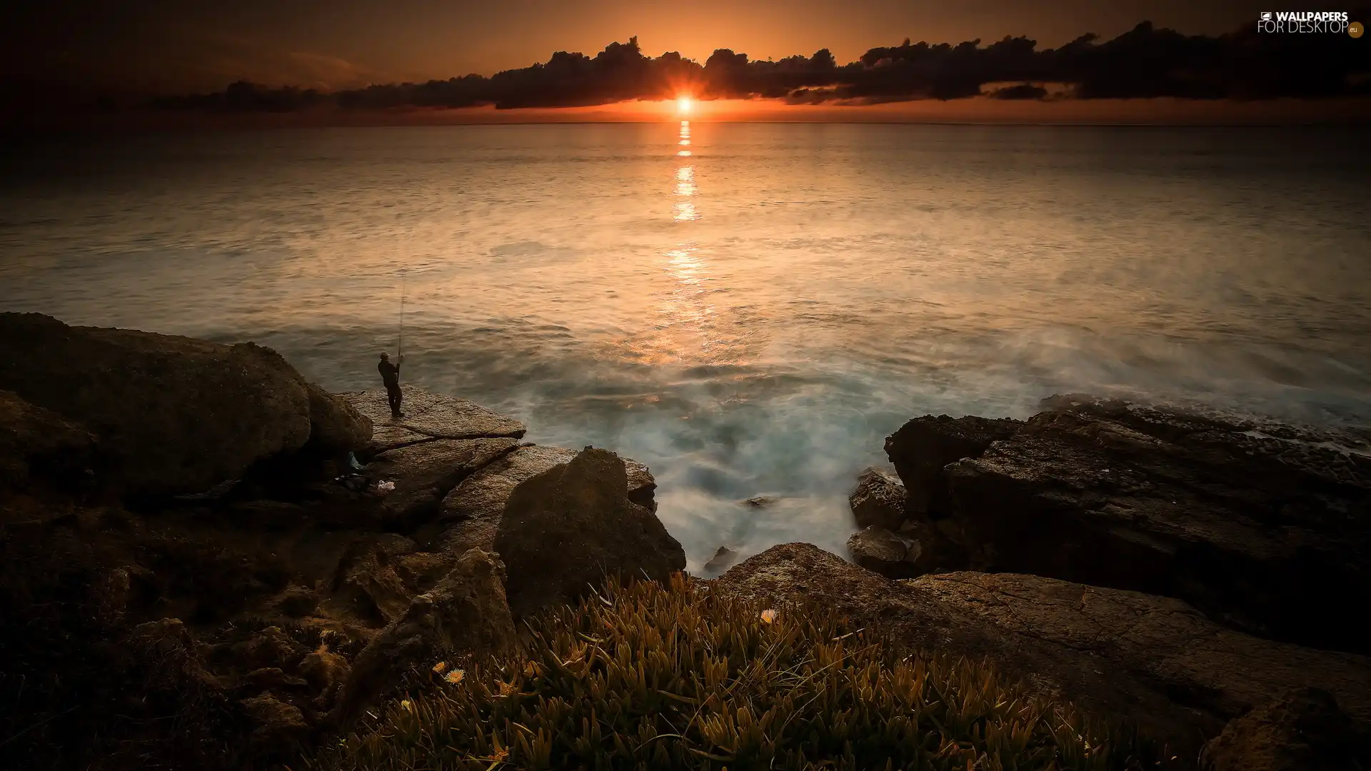 sea, Great Sunsets, coast, fisherman, rocks