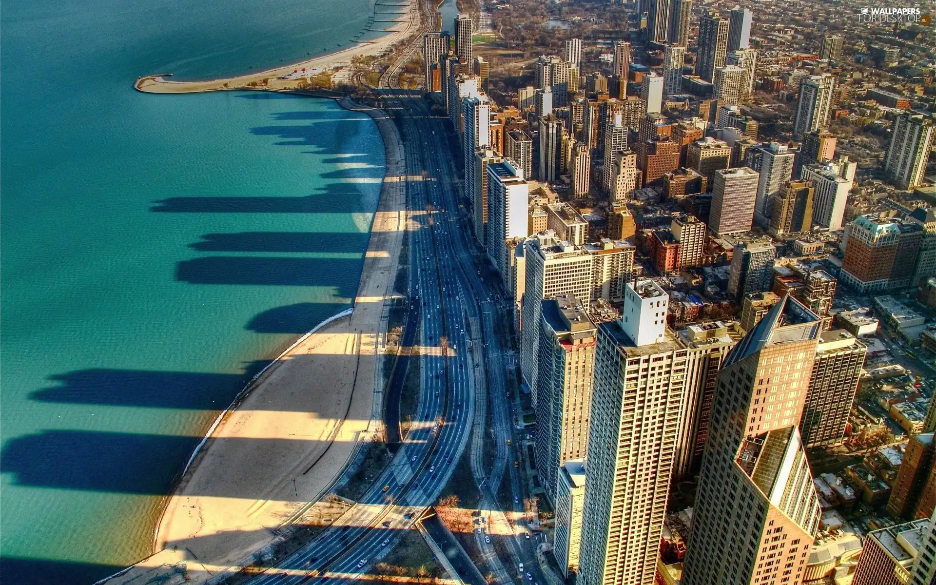 skyscrapers, Town, coast, clouds