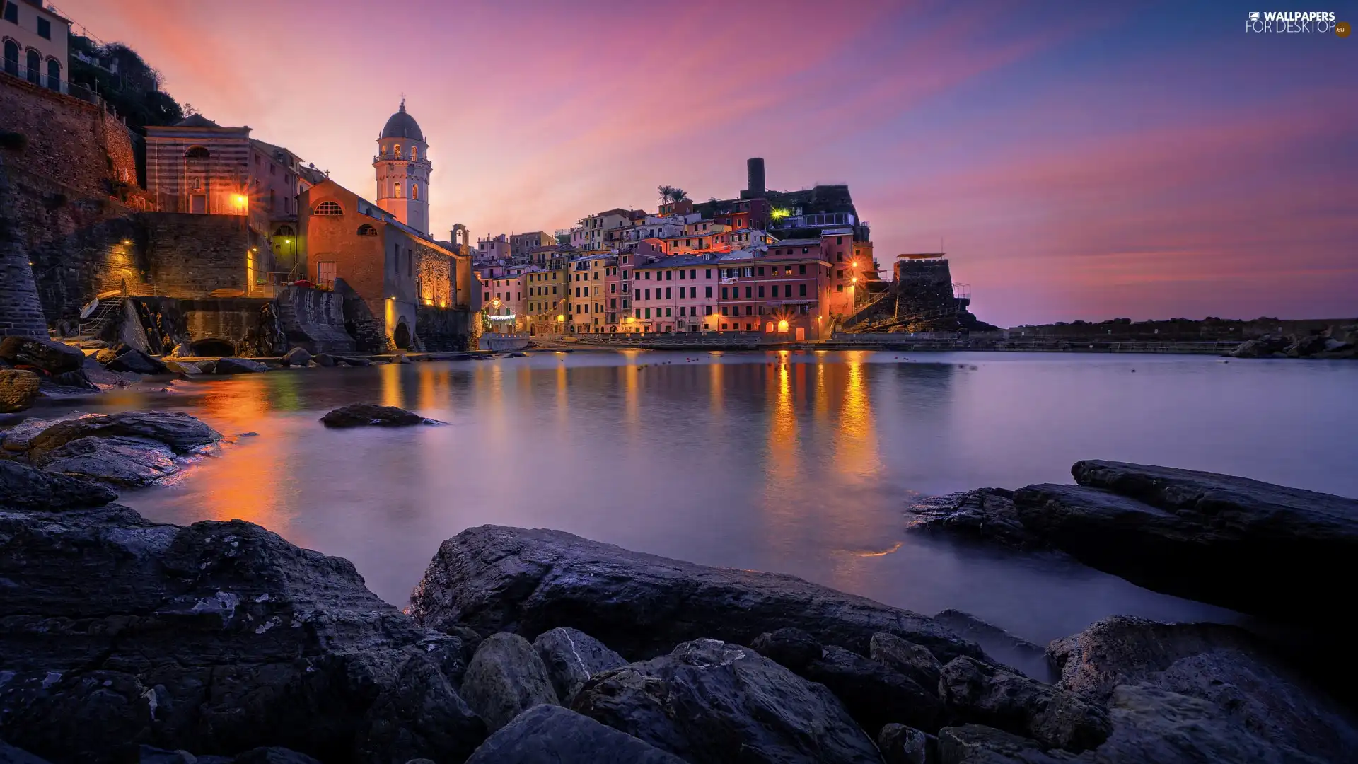 morning, Mediterranean, Vernazza, Coast, Houses, Sunrise, Italy