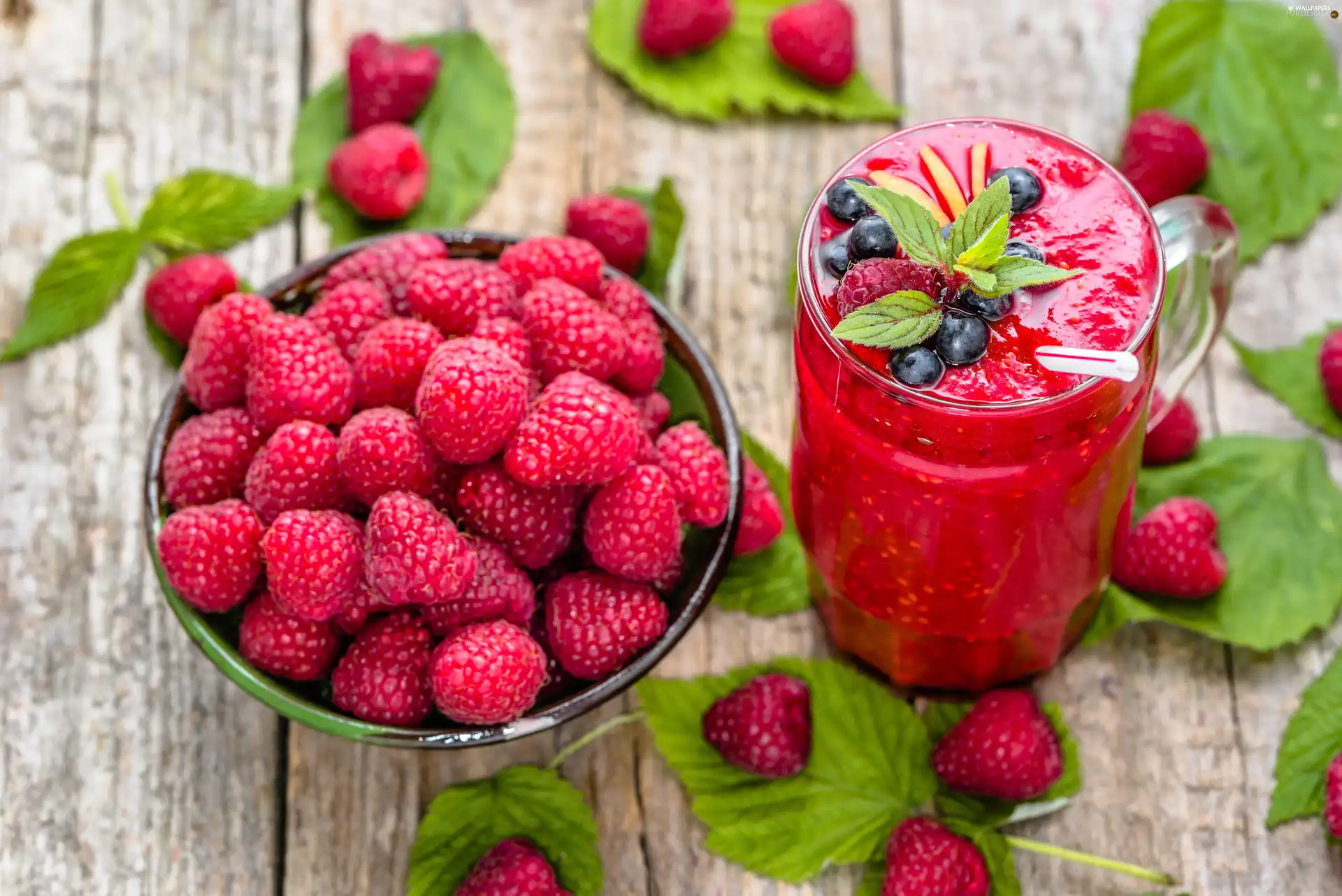 leaves, raspberries, cocktail, blueberries, boarding, bowl