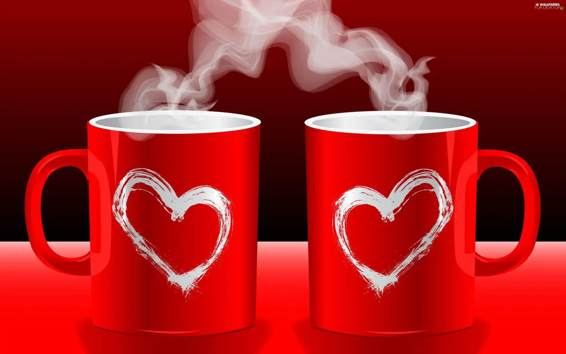 Red, hearts, coffee, cups