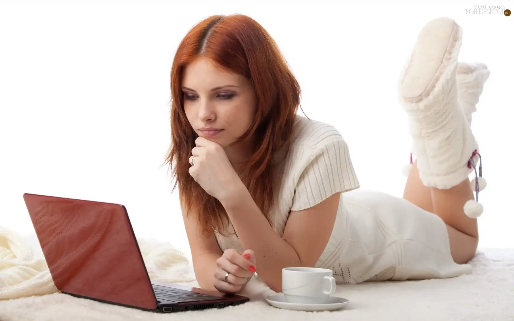 Women, cup, coffee, laptop