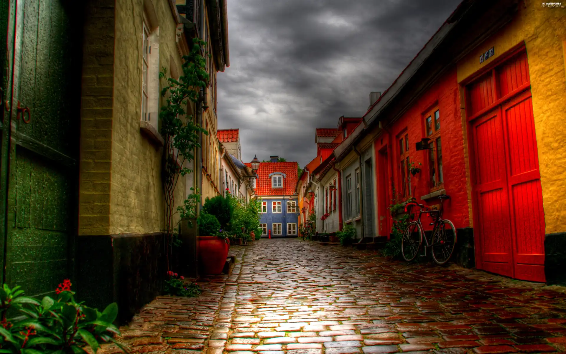 brick, dark, color, Houses, paving, clouds