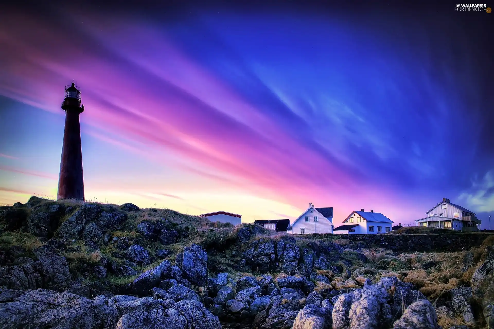 Houses, Lighthouse, color, Sky, rocks, maritime