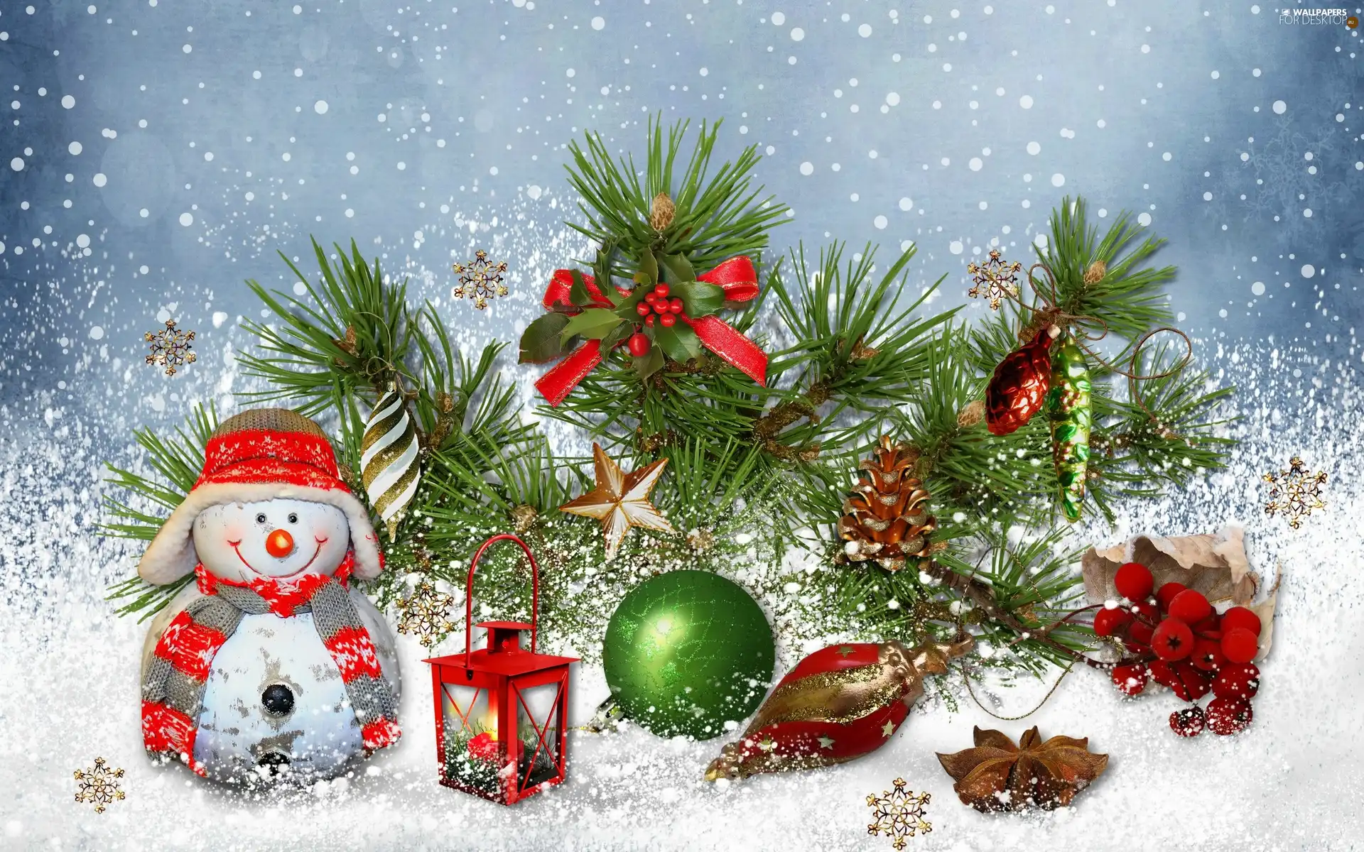headdress, Snowman, composition, Christmas, snow, lantern