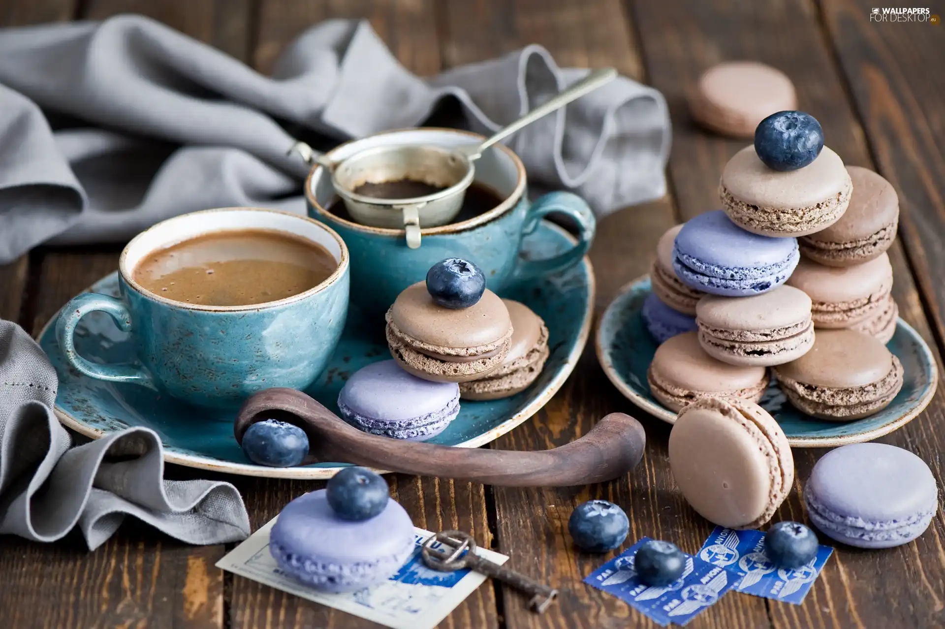 coffee, cookies, blueberries, composition, cups, Macaroons