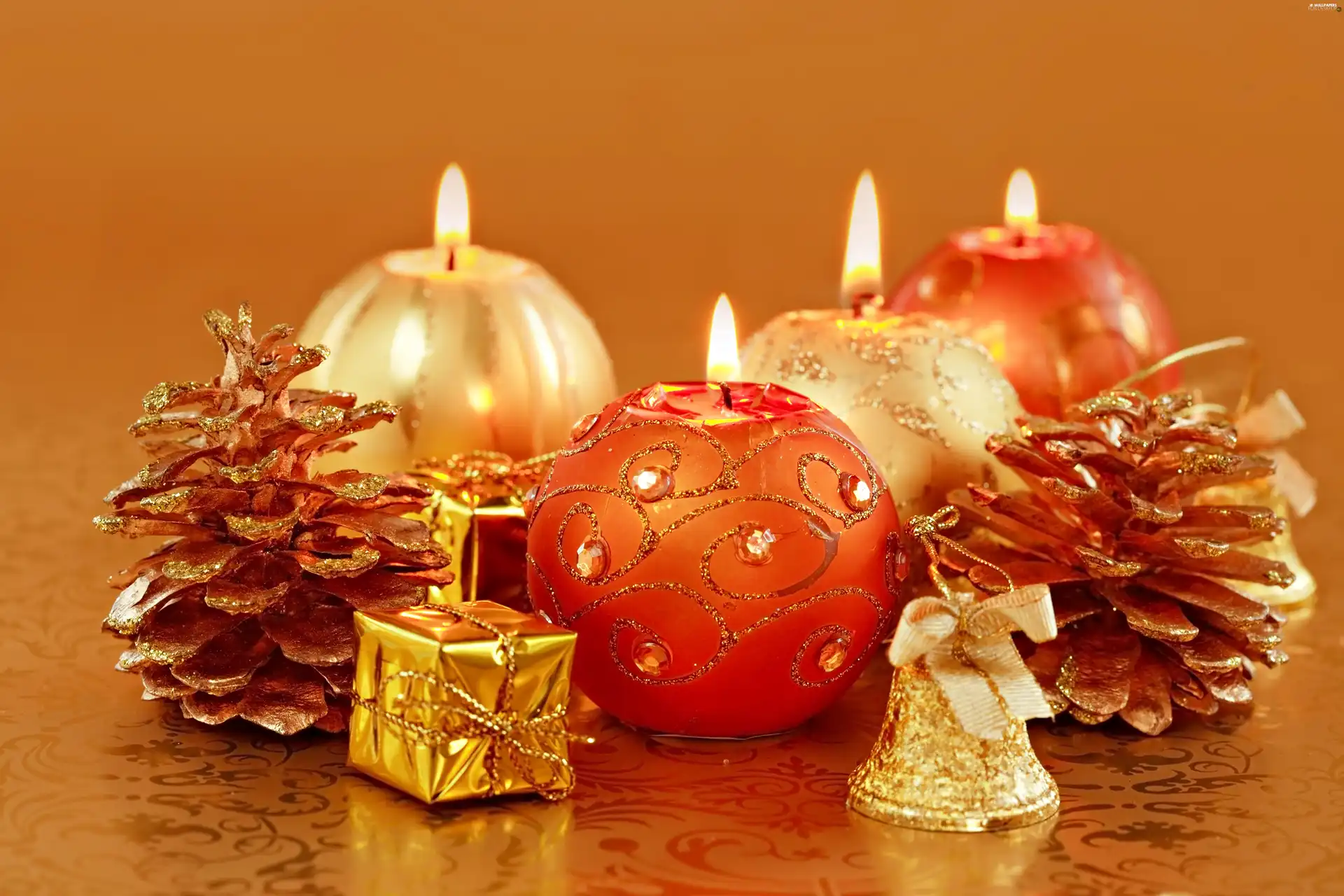 Candles, decoration, Gold, cones, ornamentation, Christmas