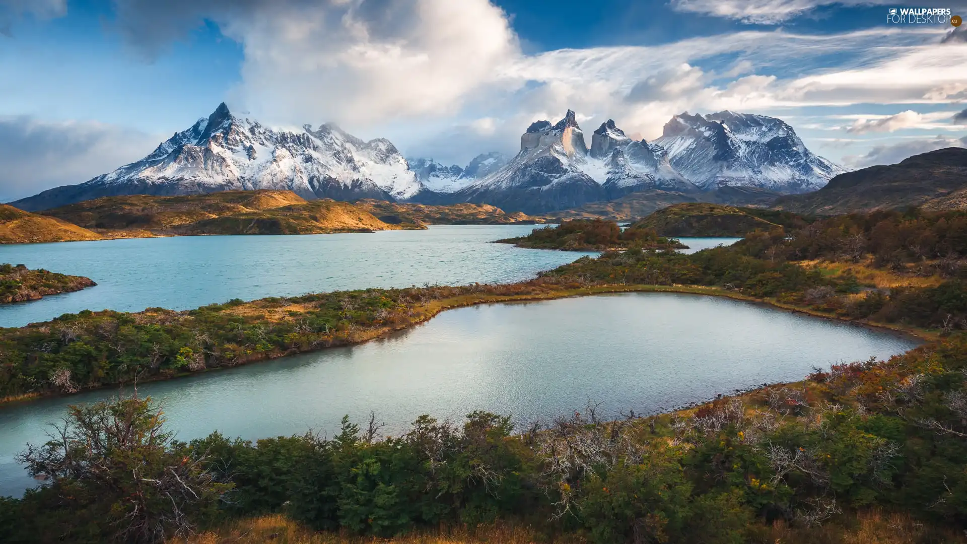 clouds, Mountains, Patagonia, Cordillera del Paine, lakes, Torres del Paine National Park, Chile