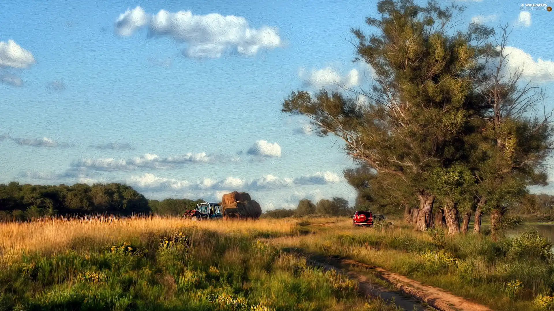 summer, picture, country, field, agrimotor, Hay, trees, viewes, clouds