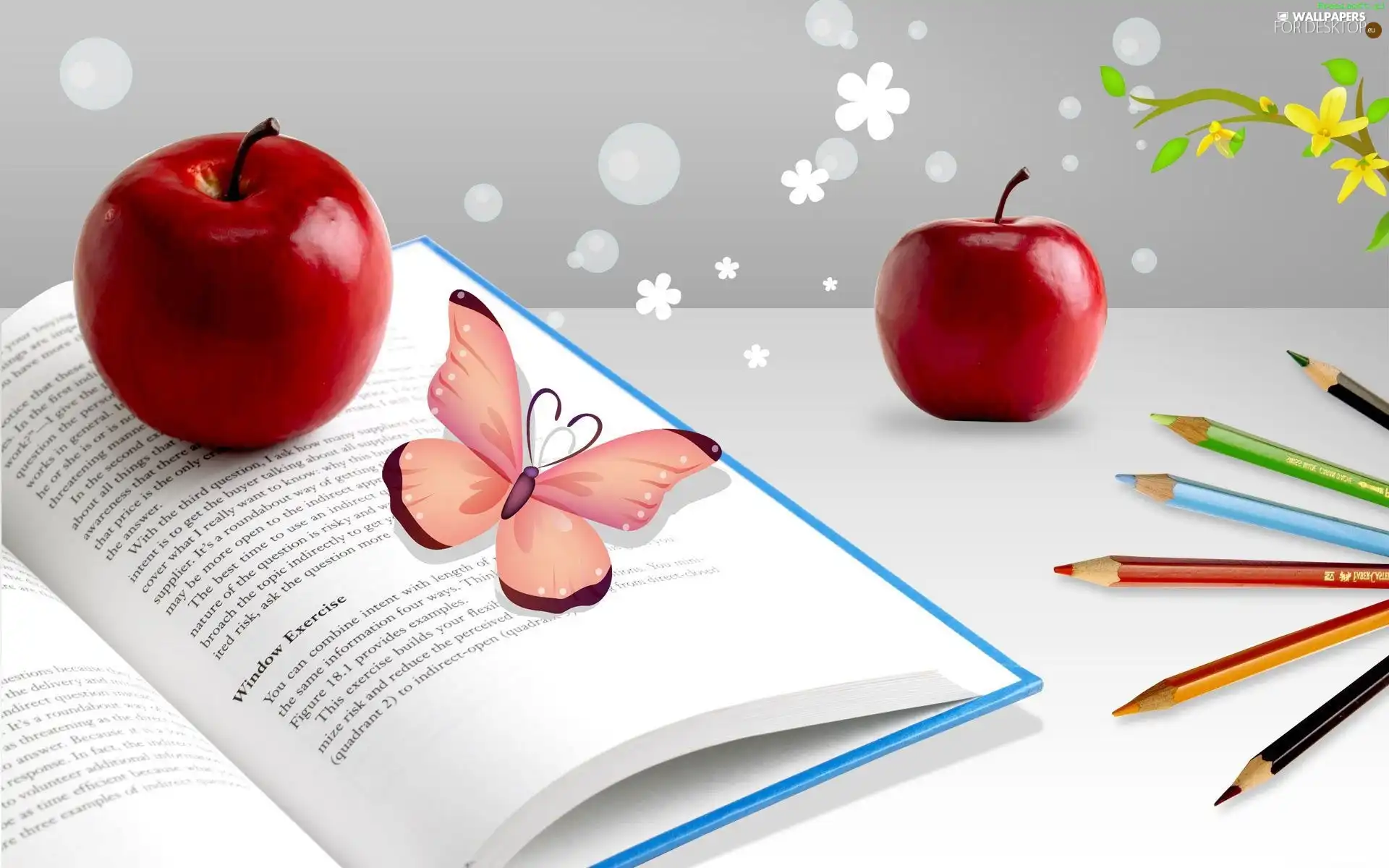 apples, Book, crayons, butterflies