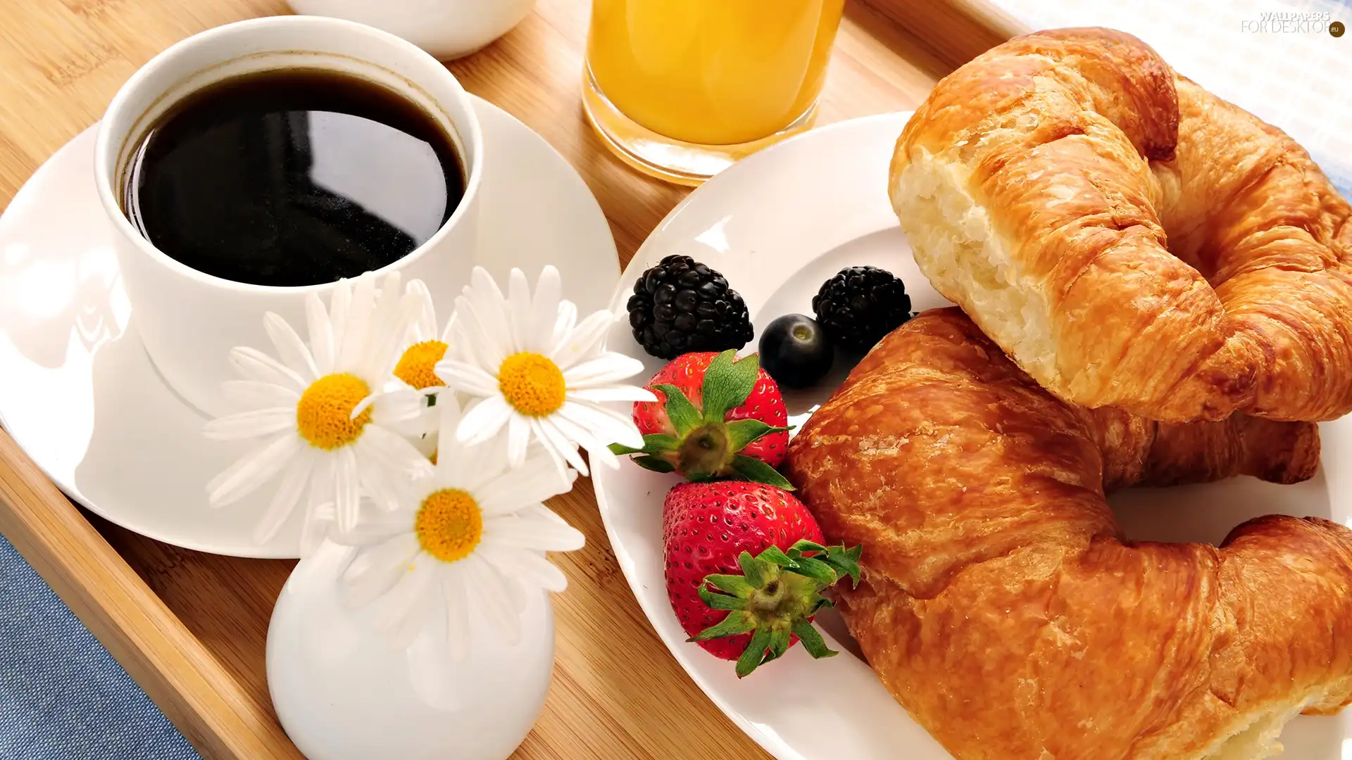 croissants, coffee, Fruits