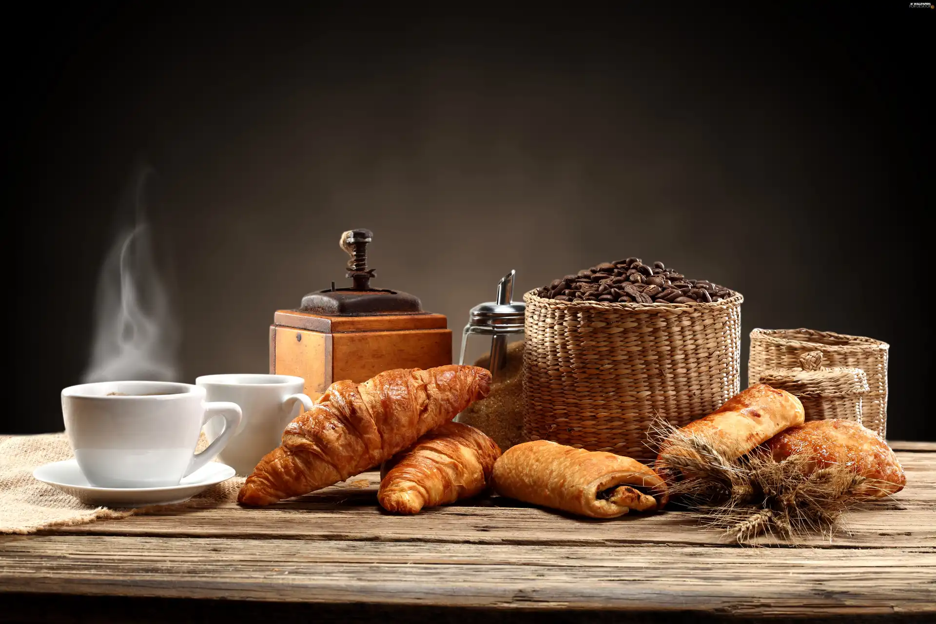 croissants, coffee, grains