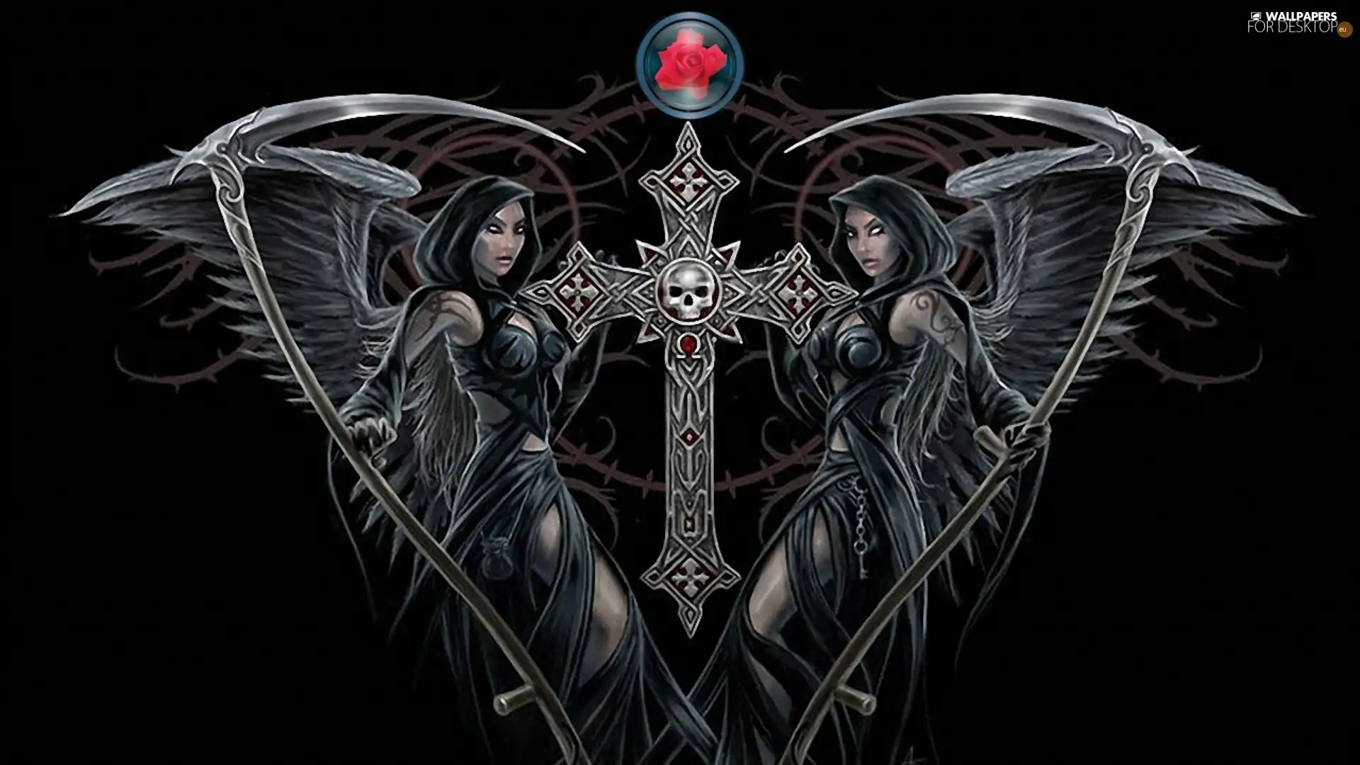 Two cars, angels, Cross, Black