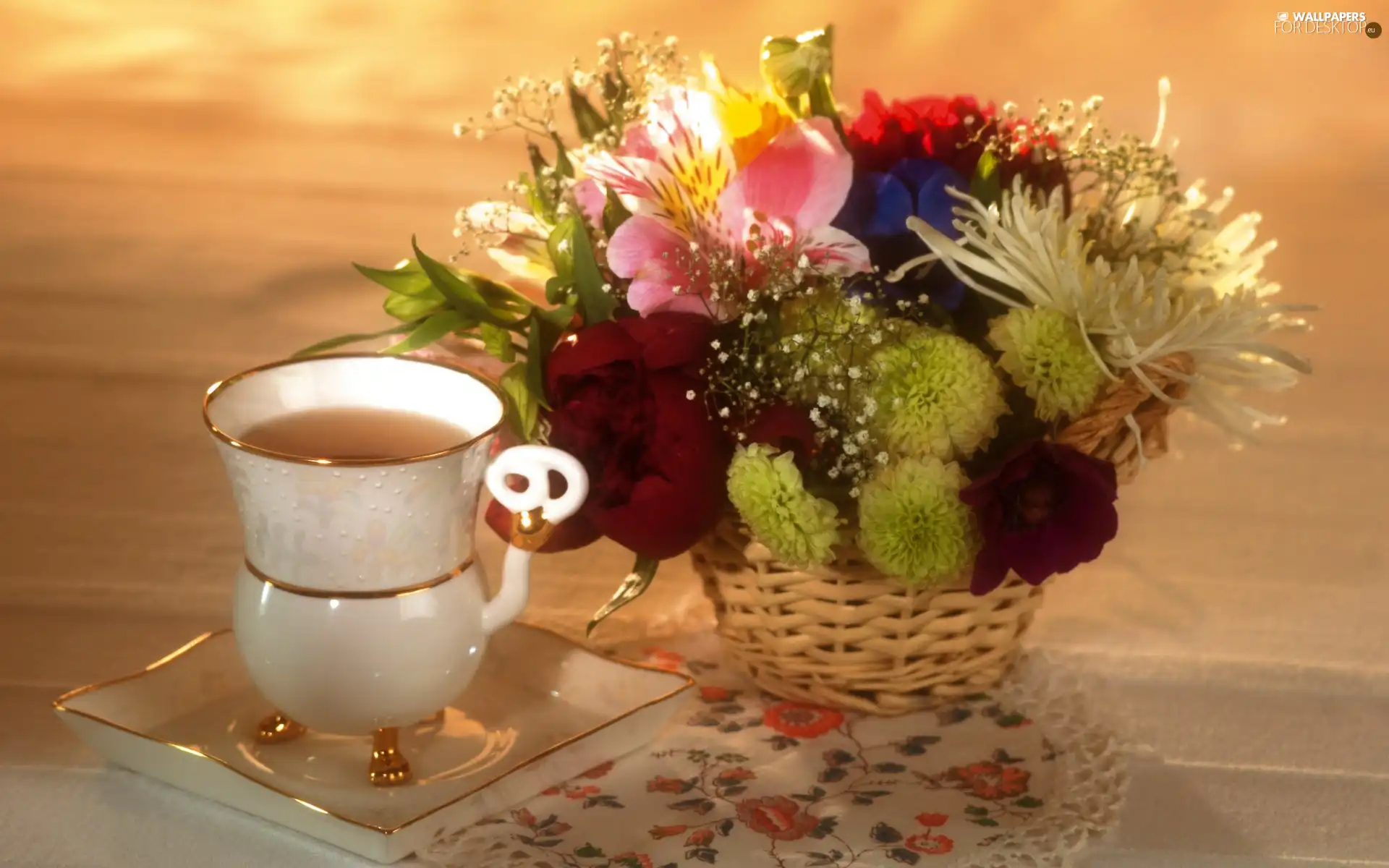 composition, basket, cup, Flowers