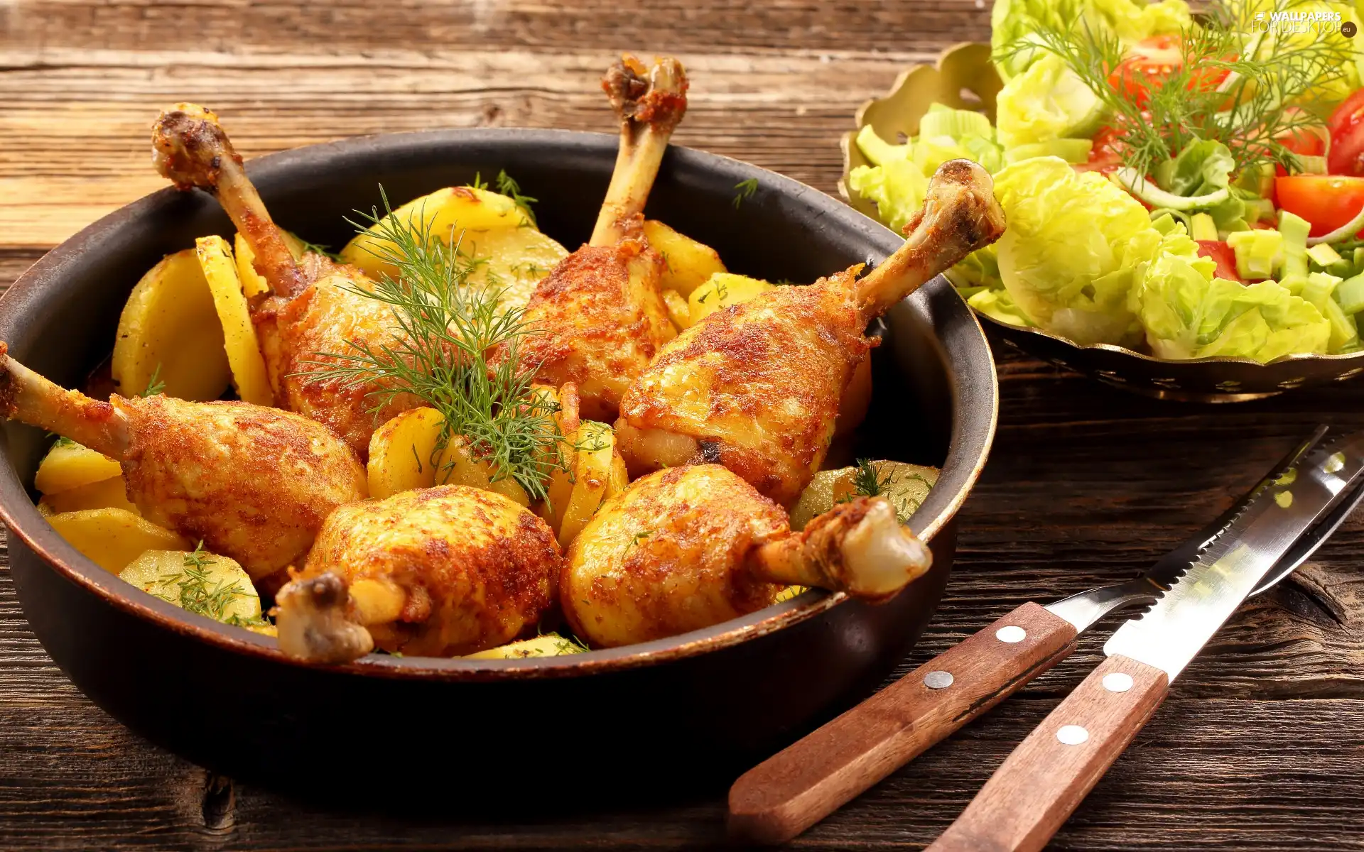 Mallets, chicken, salad, cutlery, Potatoes, baked