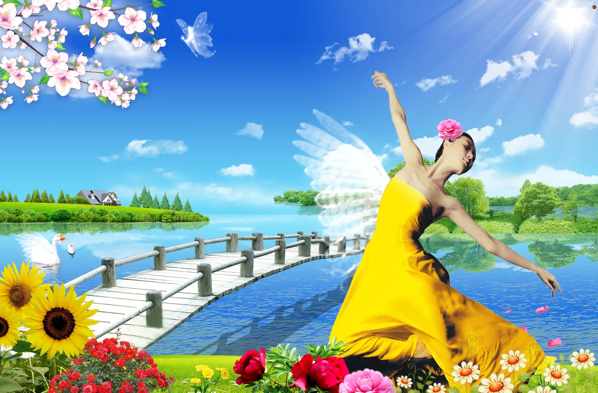 bridges, Yellow Honda, Sky, dress, Women, dance, Flowers