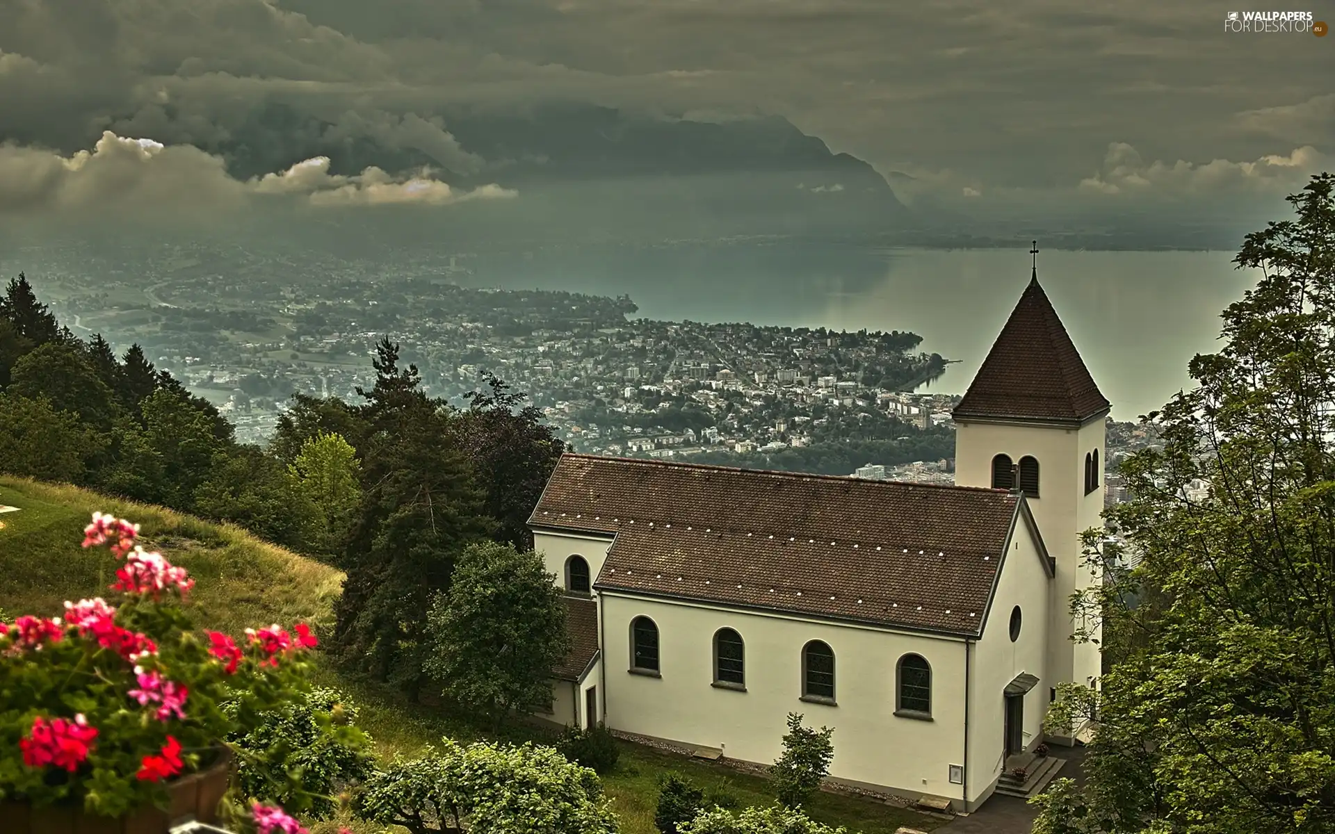 panorama, Church, dark, Sky, Town, slope