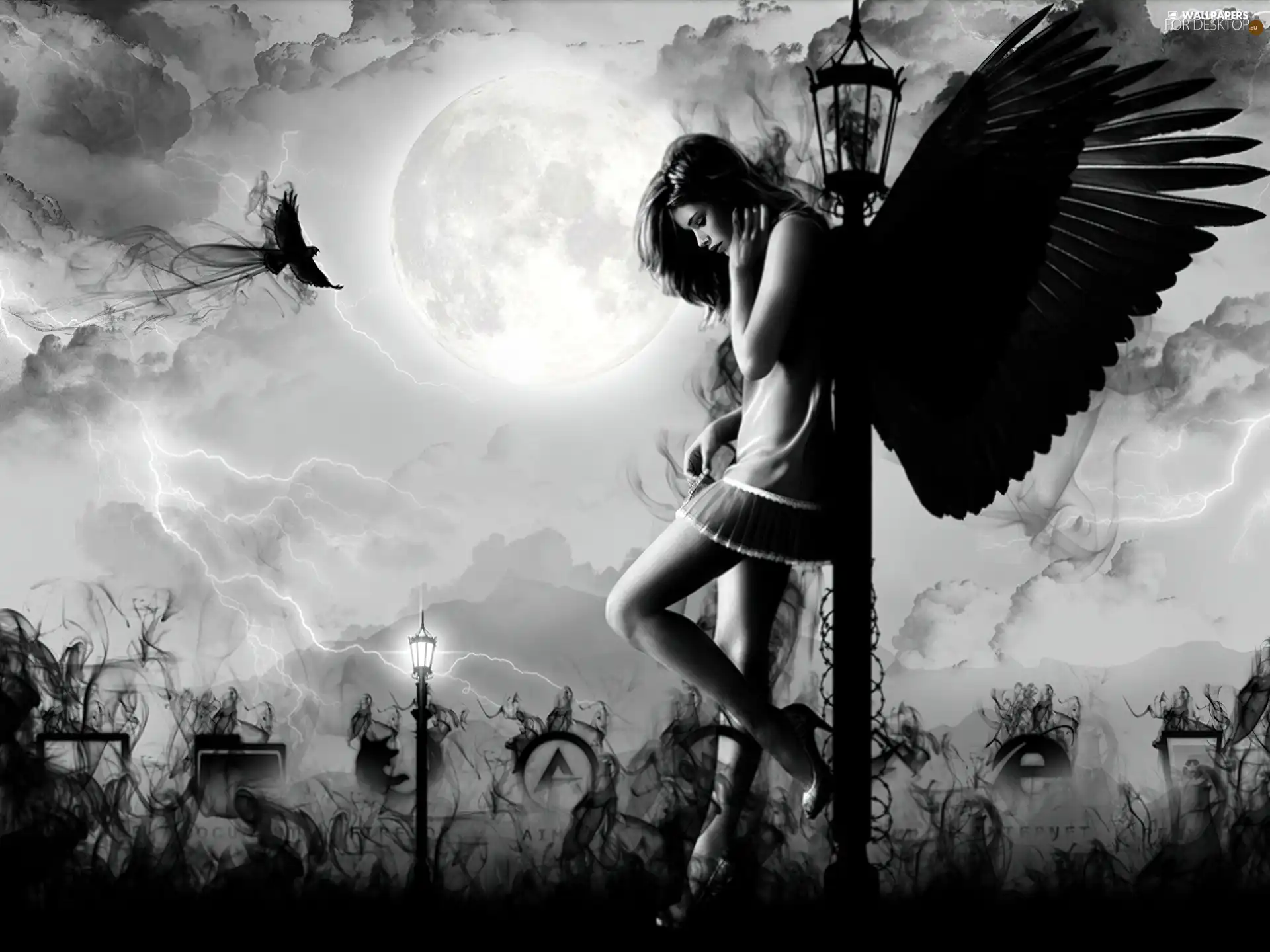 Women, wings, Dark, angel