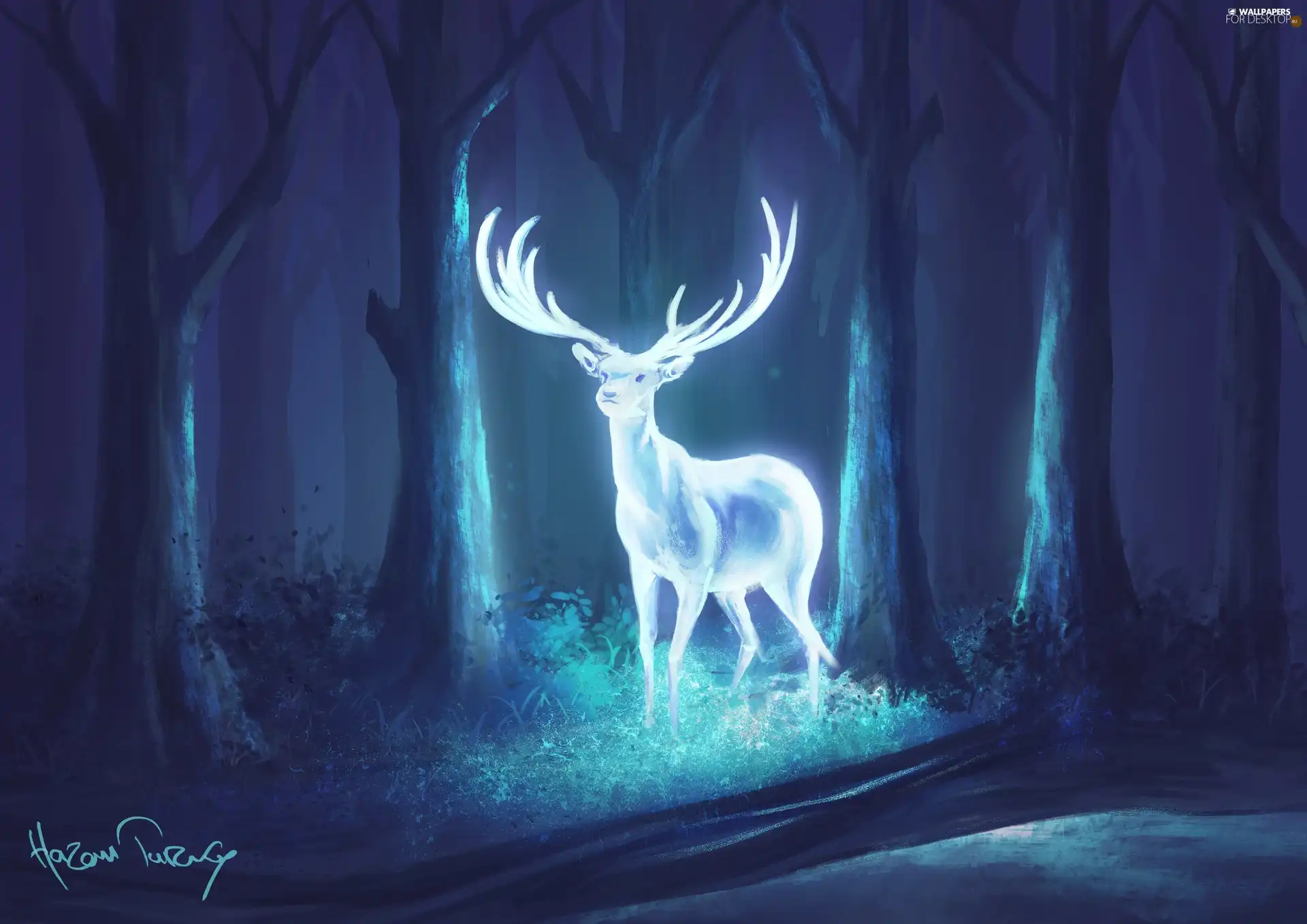 forest, deer, Digital Art, luminous
