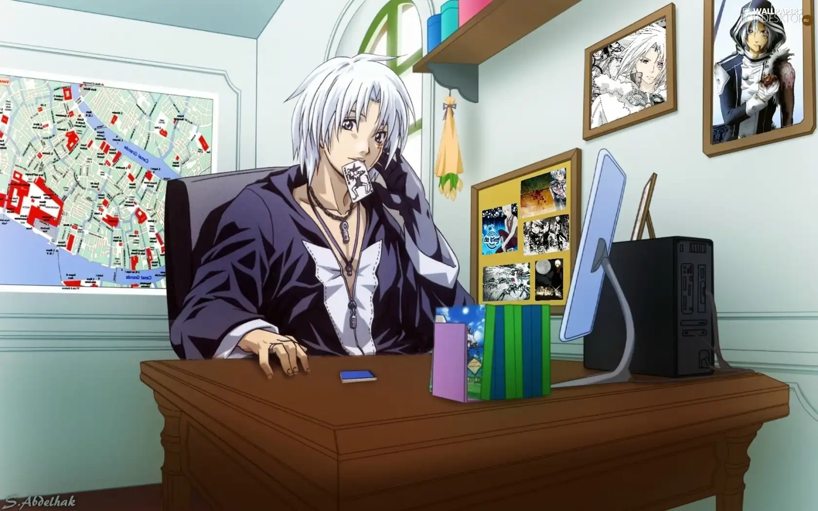 monitor, pictures, Allen Walker, desk, D.Gray-Man