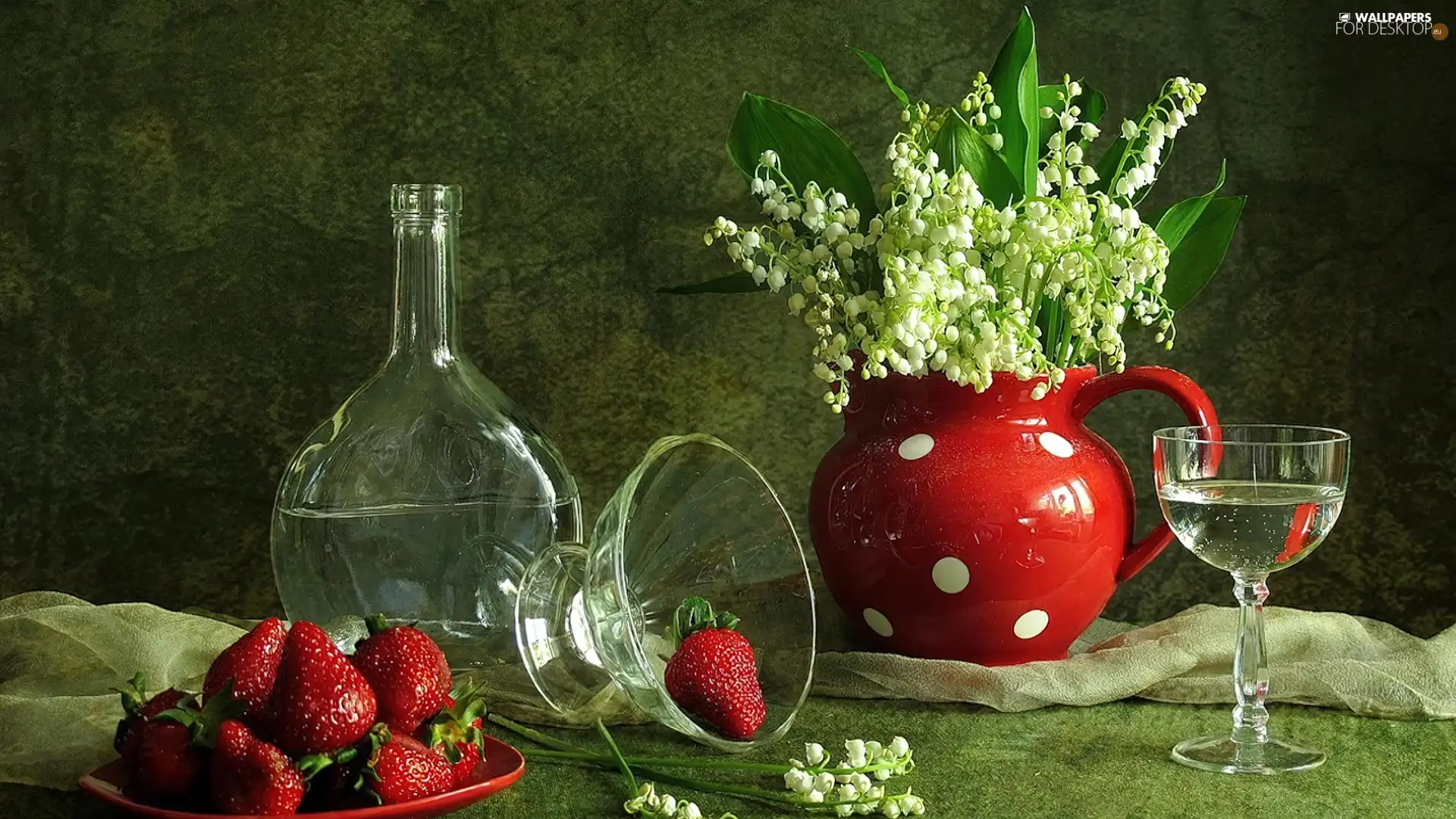 dishes, strawberries, lilies, glass, jug