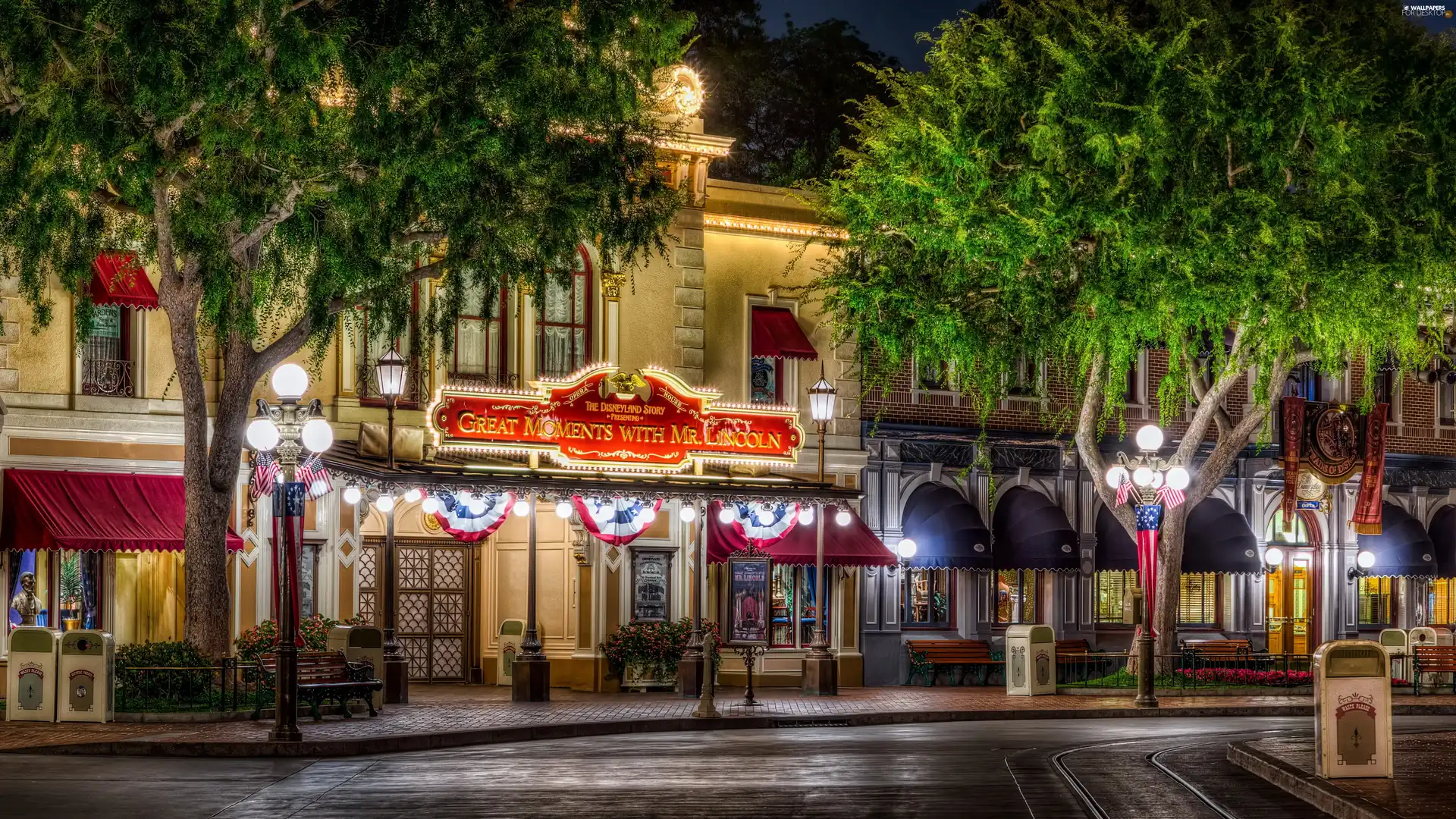 Disneyland, California, illuminated, Street, Houses