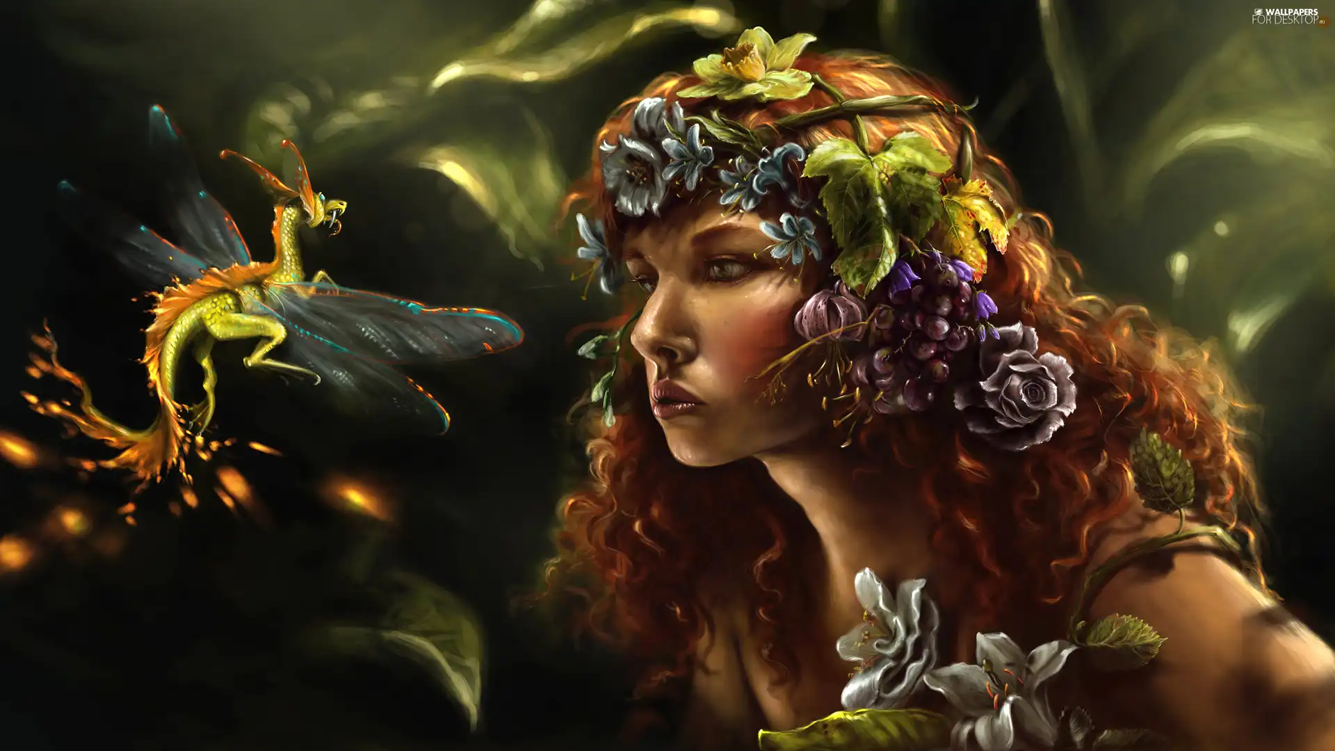 Dragon, girl, Flowers