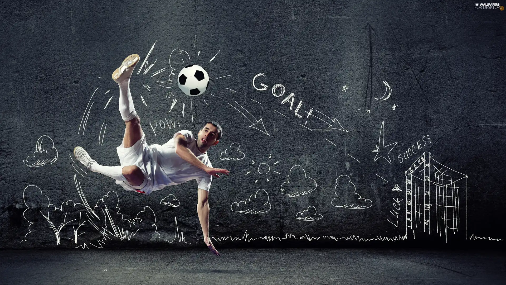 wall, Drawing, footballer, Ball, Soccer