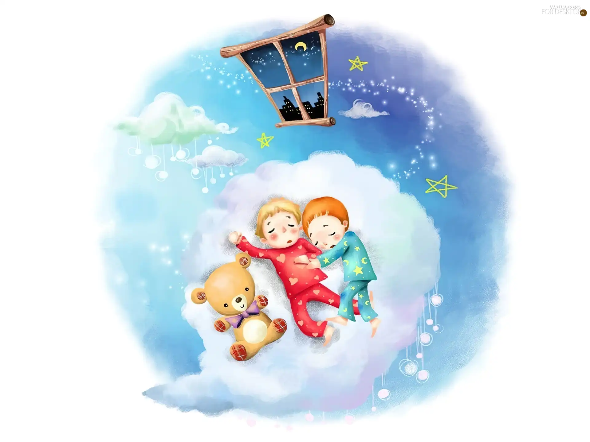 Night, Teddy Bear, dream, Kids