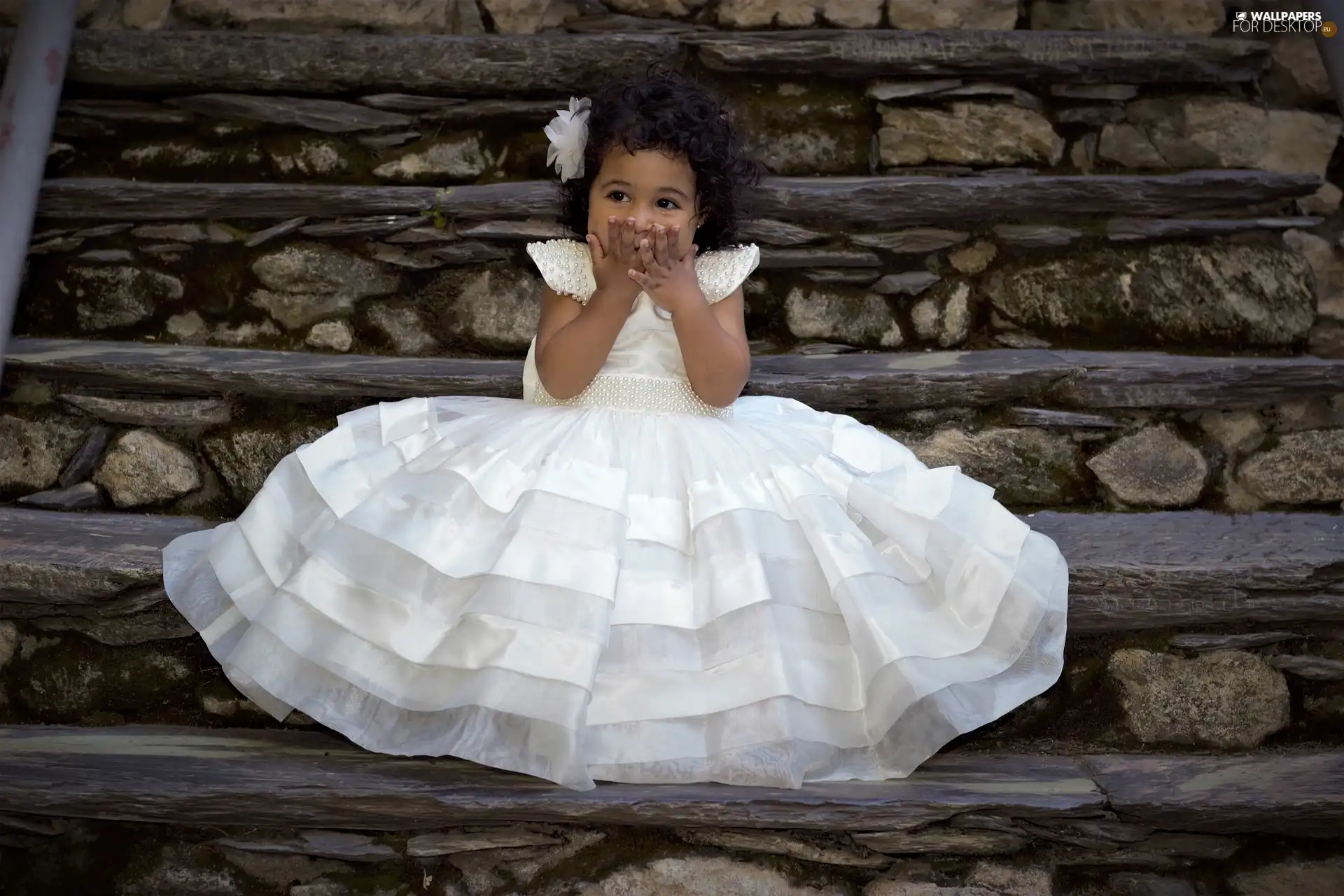 White, dress, spiral, Hair, girl