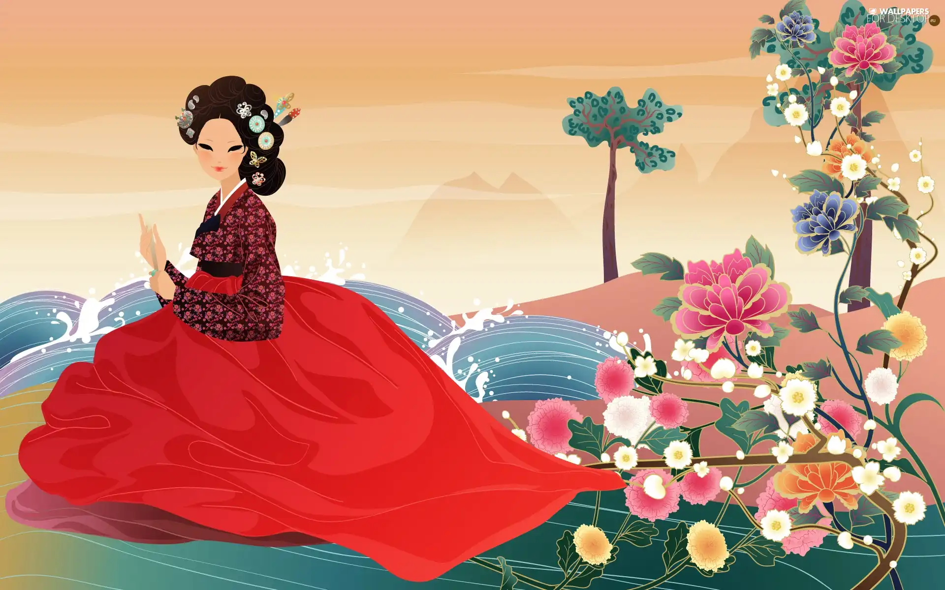 Women, Flowers, Dress, Japanese