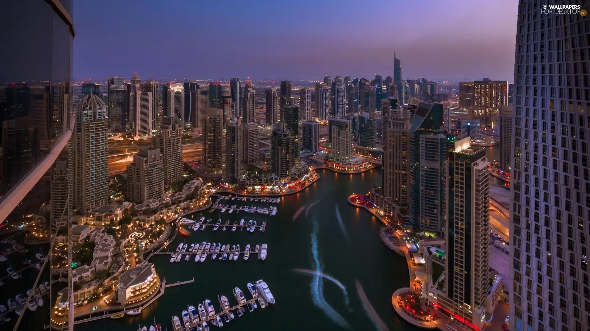 Dubaj, night, clouds, Boats, skyscrapers