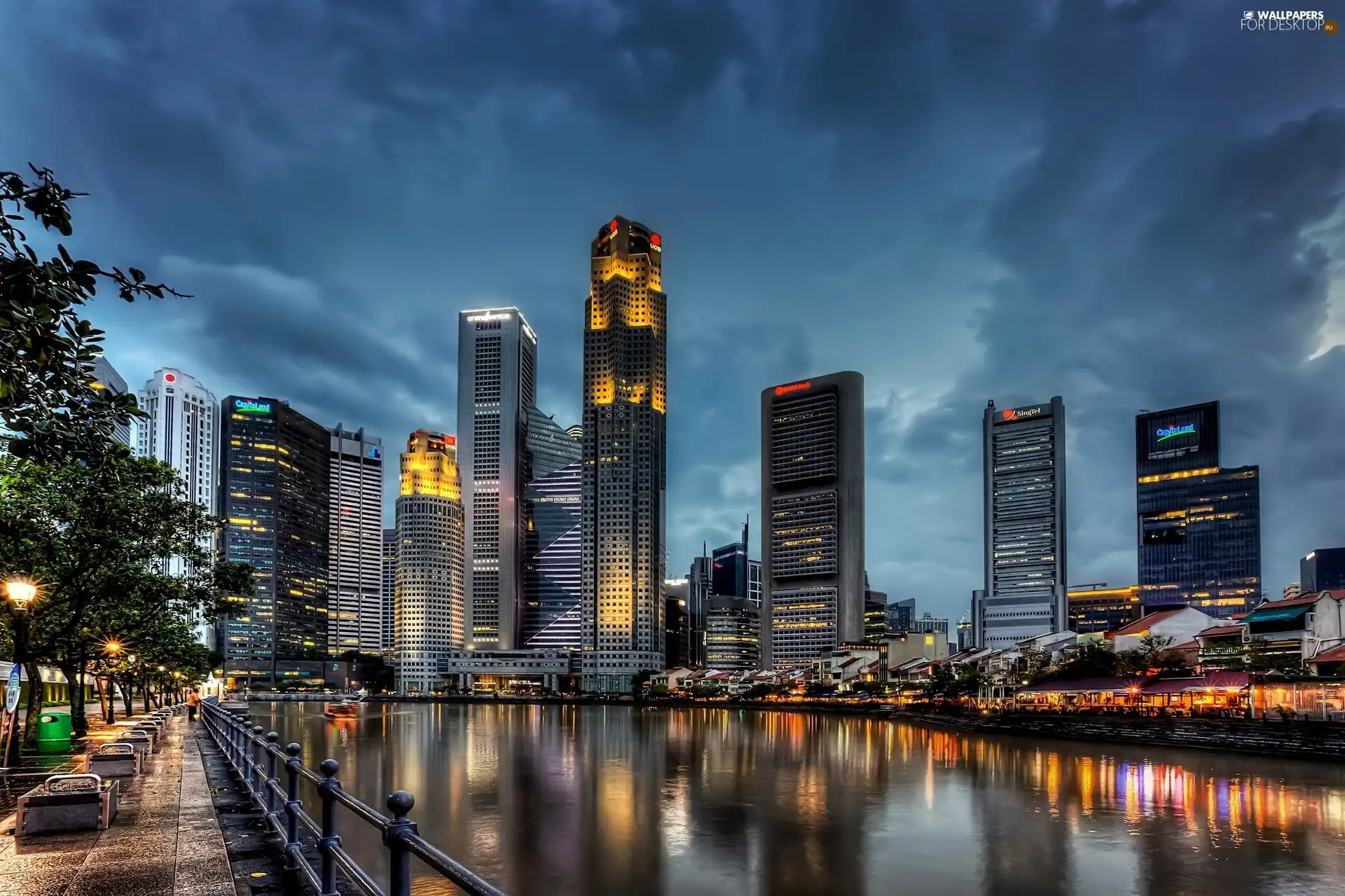 Singapur, Town, Dusk, skyscrapers