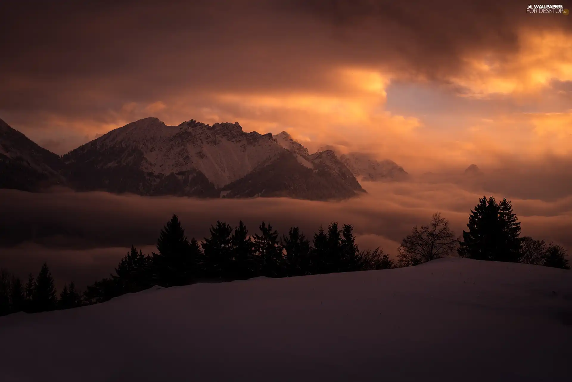 winter, clouds, Dusk, Mountains