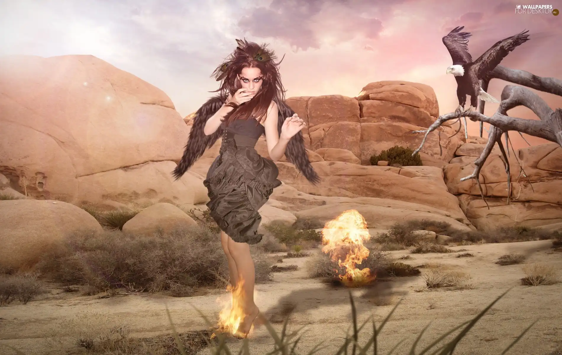 girl, Stones, eagle, Big Fire