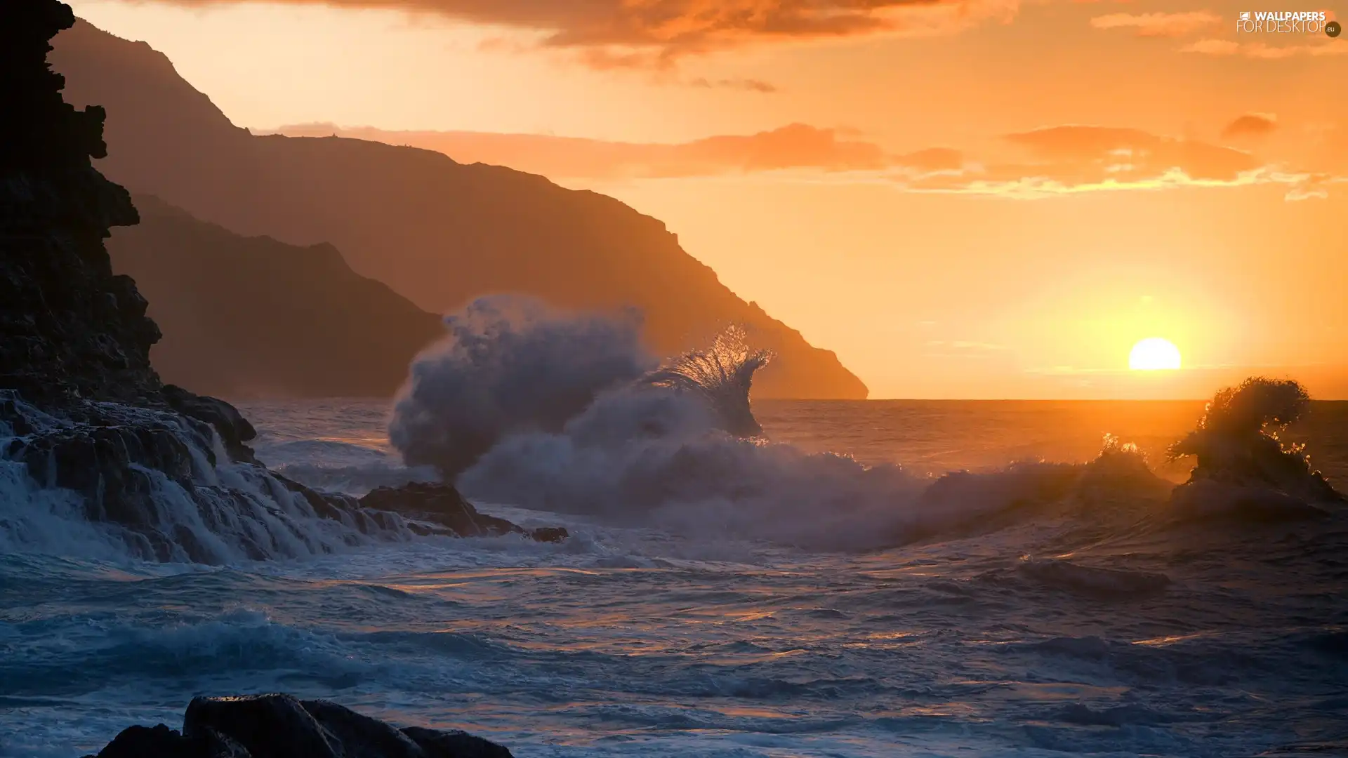 Mountains, Coast, east, sun, Storm, rocks