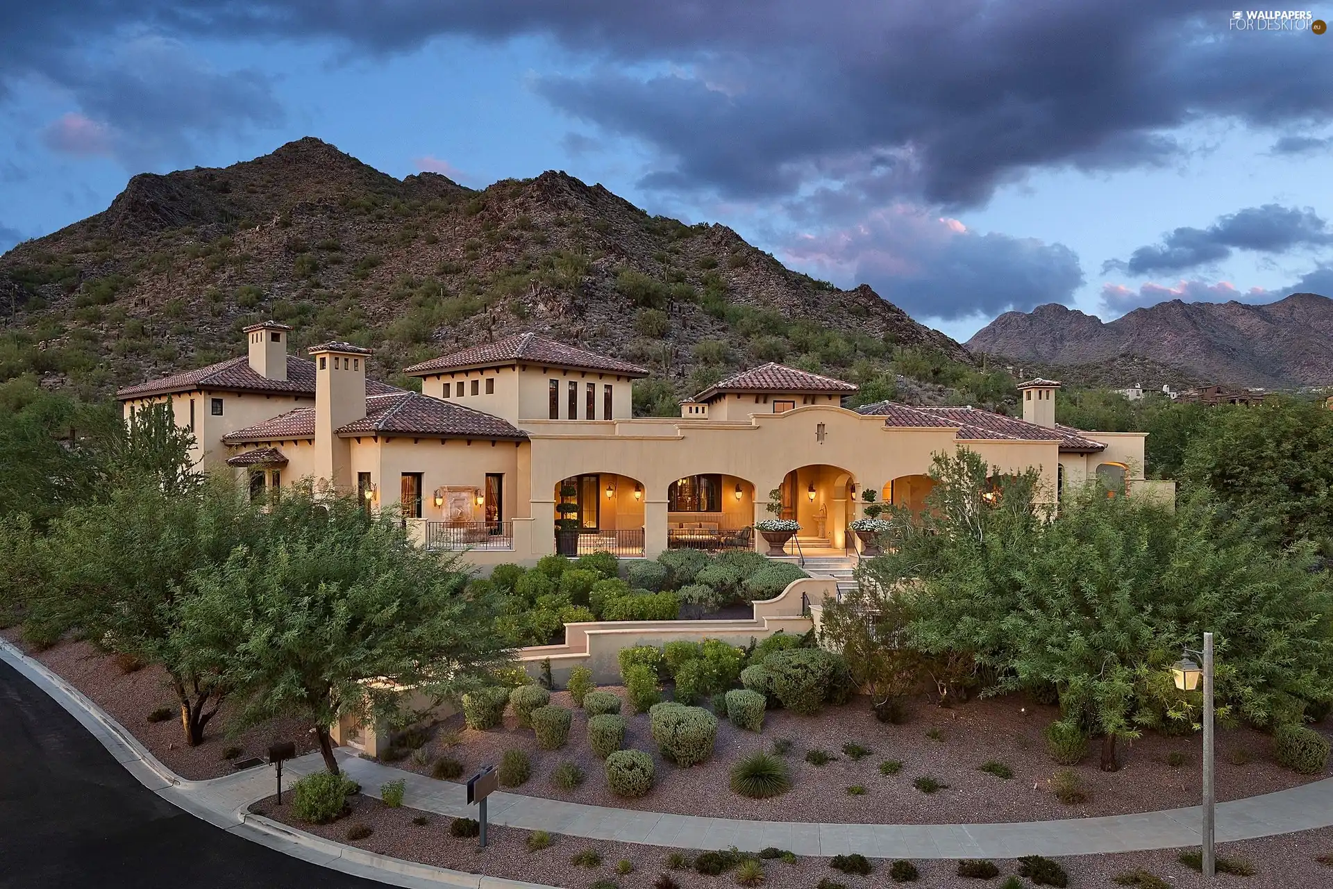 Mountains, house, estate, Floodlit