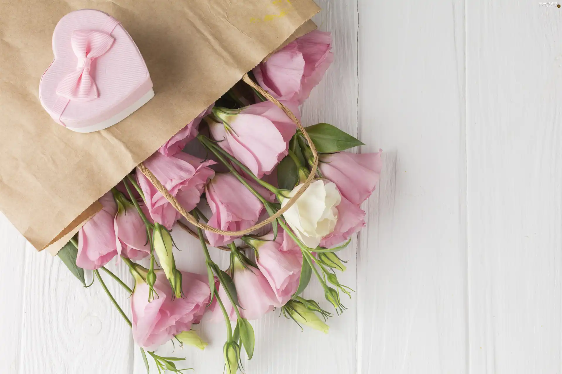 Eustoma, Flowers, bouquet, paper, Heart, boarding, Box, Present, Purse