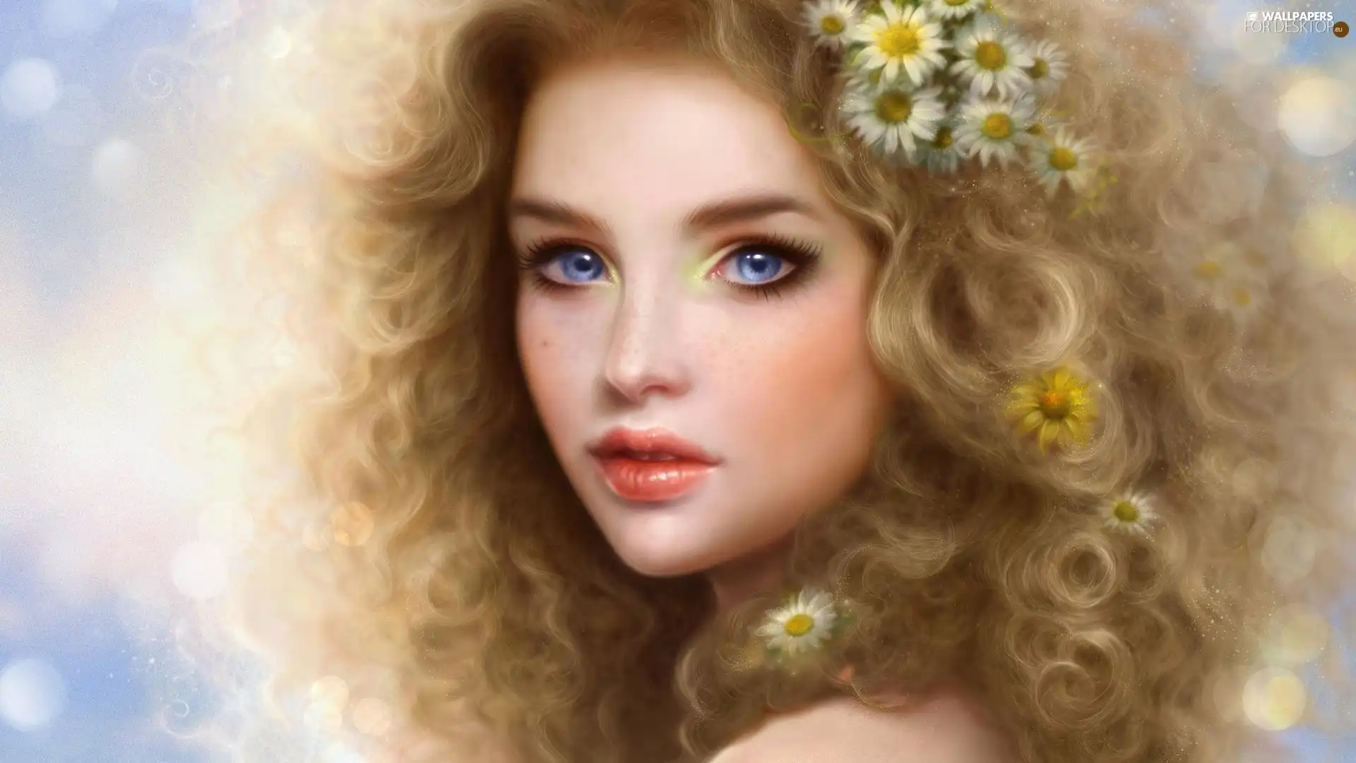 girl, Blue, Eyes, Flowers