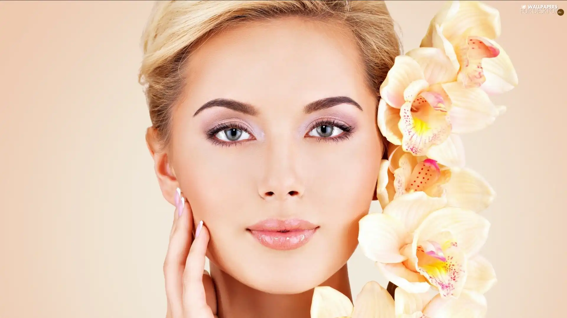 girl, Flowers, orchids, face