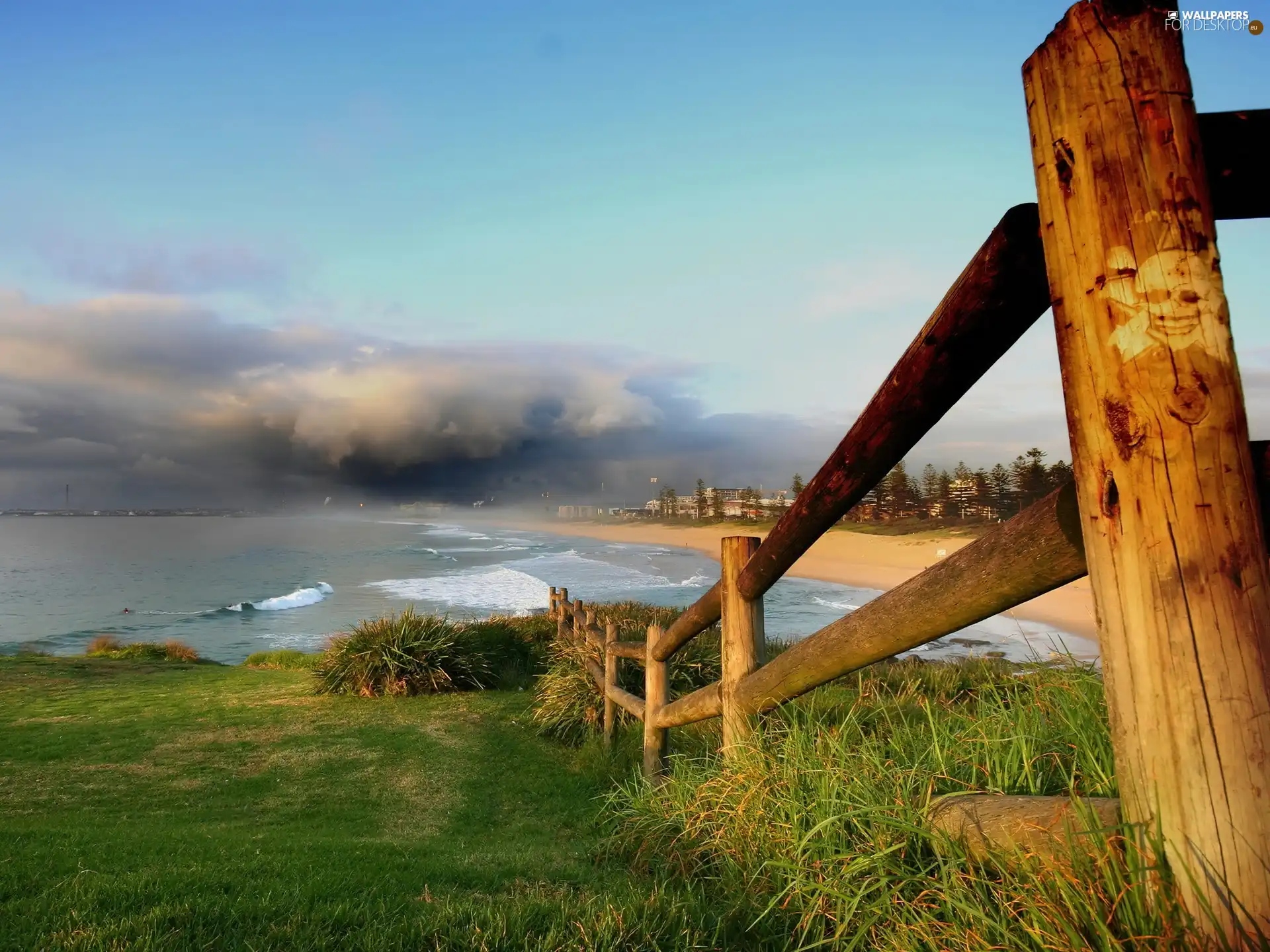 sea, Meadow, Fance, clouds