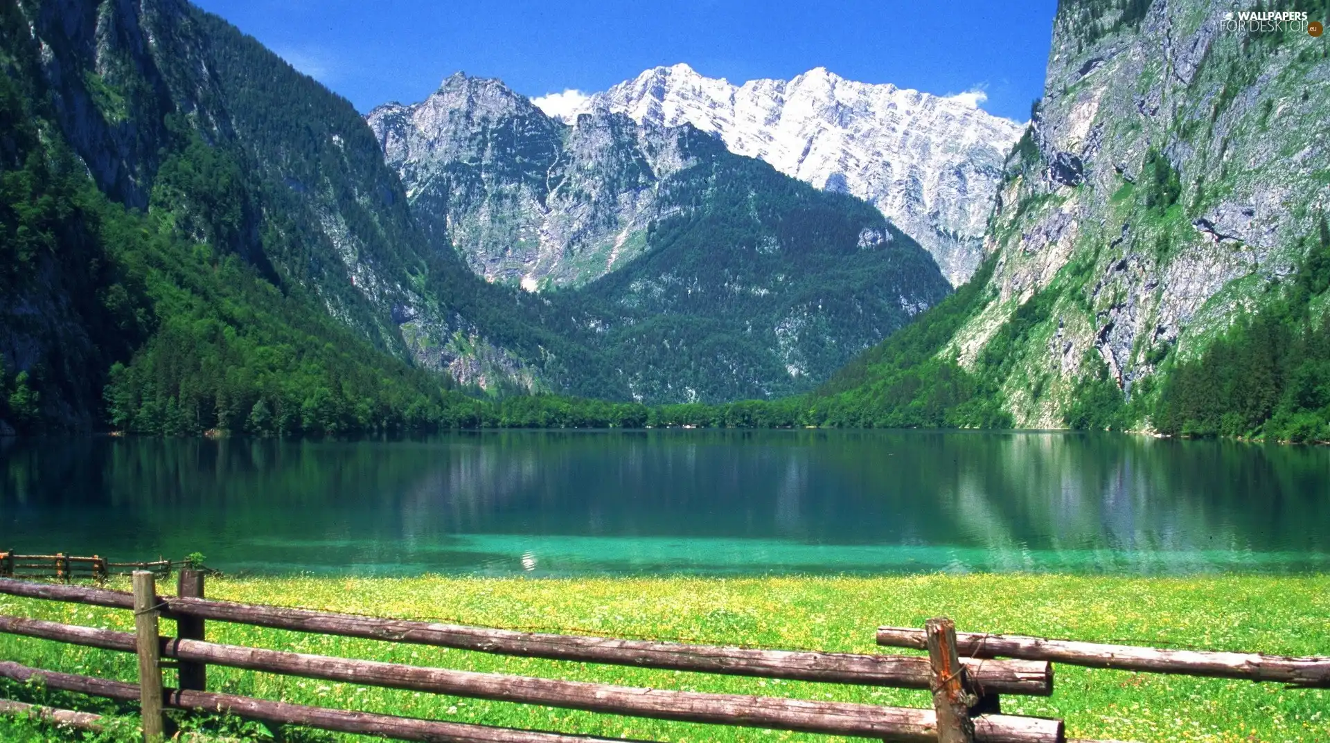 Mountains, grass, fence, lake