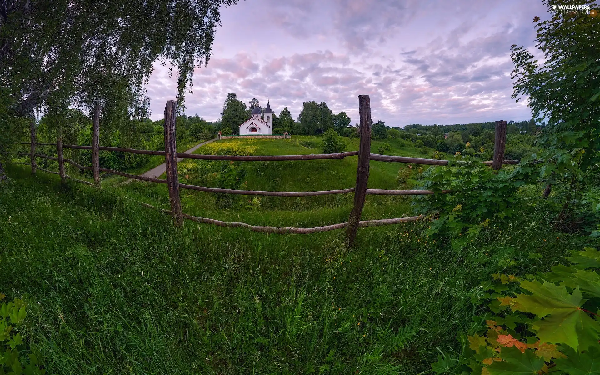 Church, Hill, Way, fence, Meadow, trees, summer